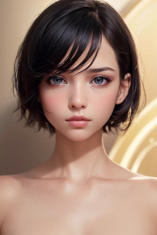 (masterpiece:1.6), (8K, Reality, RAW photos, best quality: 1.4), (1 Girl), Pretty Face, (Realistic face), (Black Hair, short hair:1.6), Beautiful hairstyle, Realistic eyes, Beautiful and delicate eyes, (Realistic skin), Beautiful skin, (No clothes),(No cover), Absurd expression, attractive, Ultra-high resolution, Surreal, Very detailed, Golden Ratio