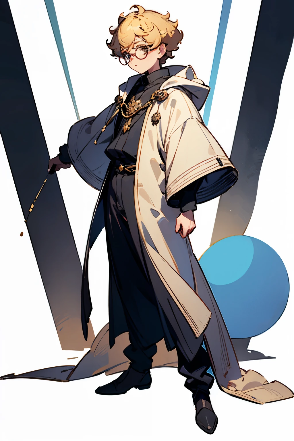 Perm boy, round glasses, blonde, boy, white background, full body, wizard, standing picture