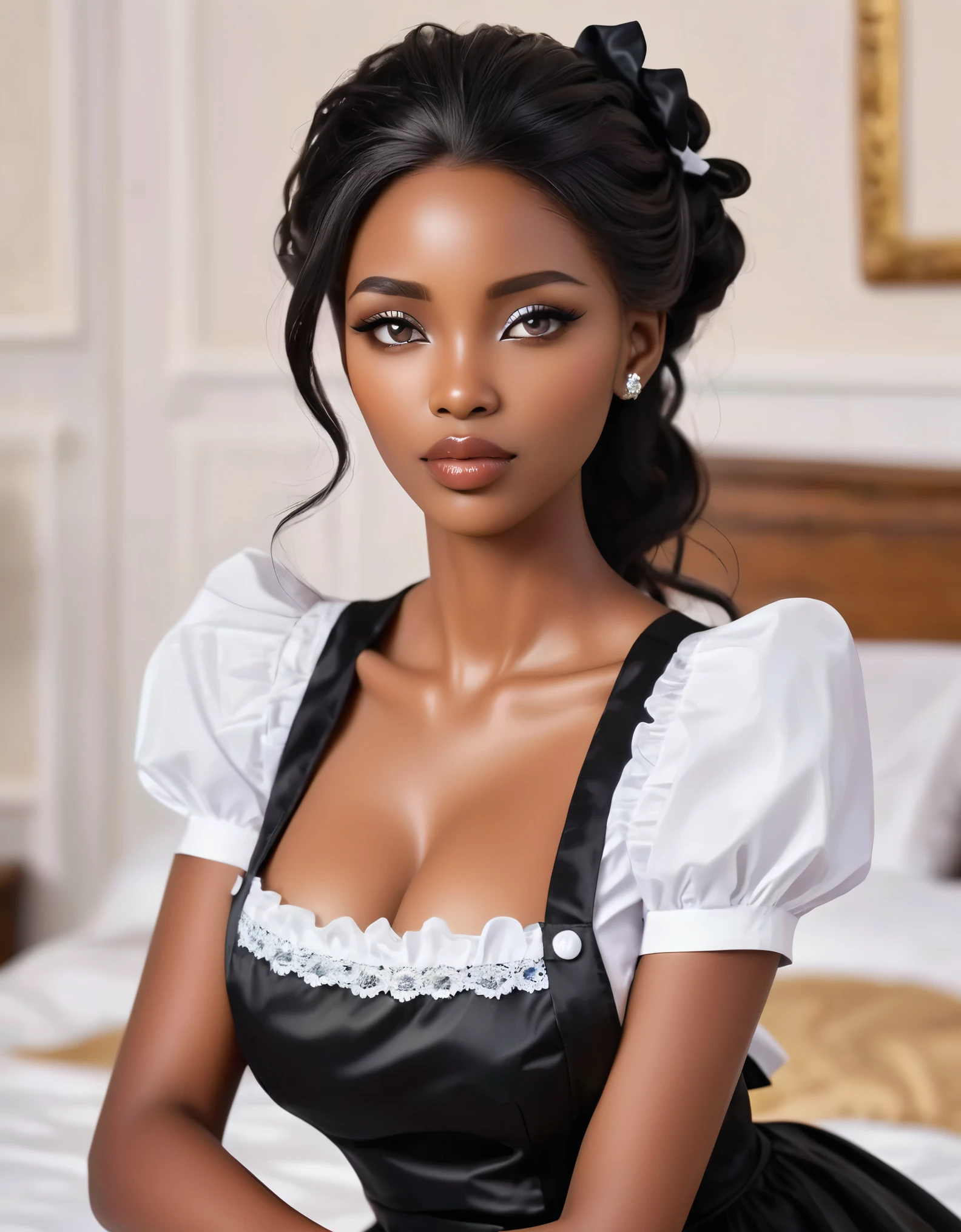 (masterpiece, best quality:1.2),wavy hair maid，Solitary,Exquisite eyes,Delicate black hair，Charming eye shadow( Black person:1.2)( dark skin:1.2)，african man,( Smooth skin:1.2)( Wear a maid uniform:1.2)， Slender body proportions，Wet sexy plump lips，Long legs，Perfect fingers，High heel