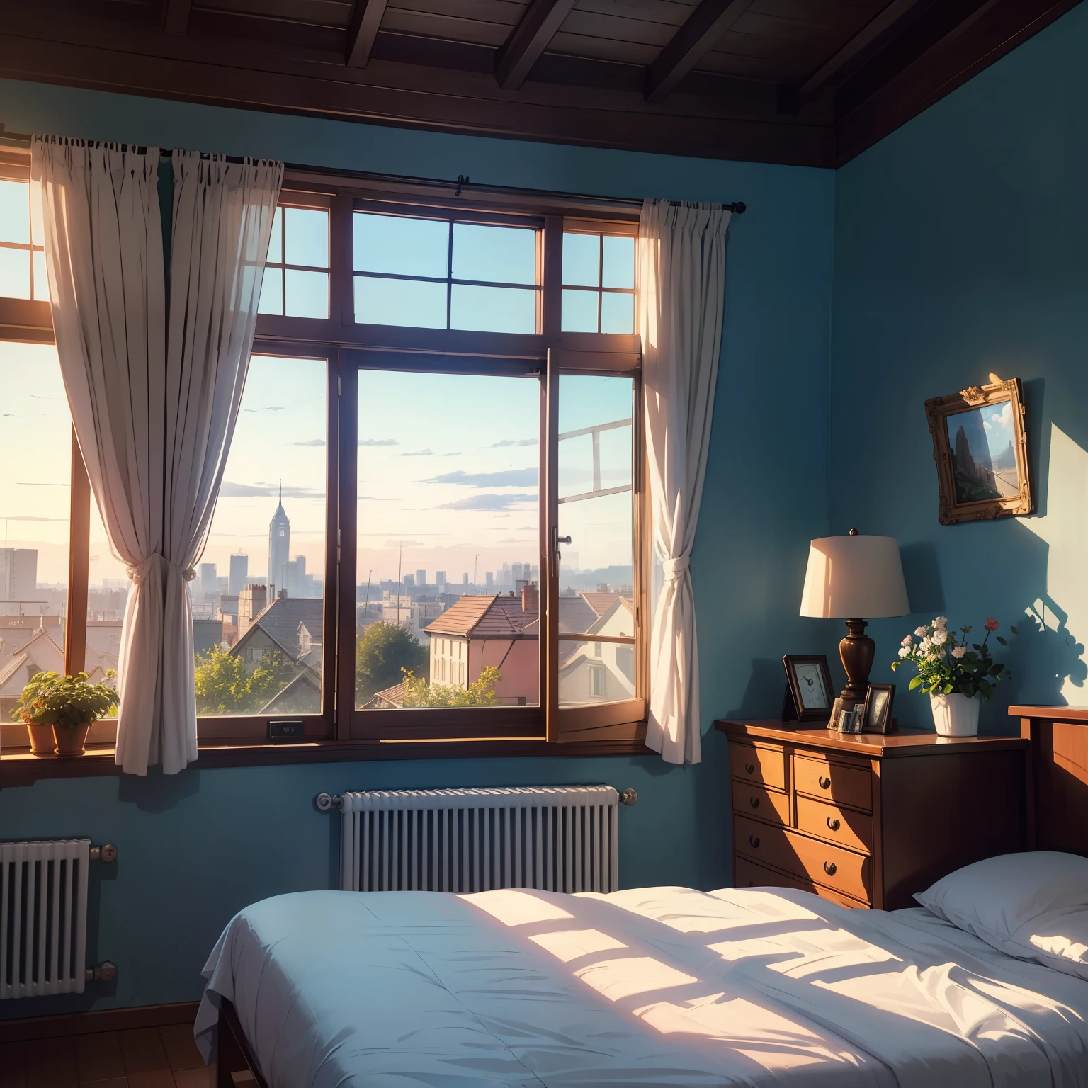 ((best quality)), ((masterpiece)), (detailed), alarm clock by the window, dawn scene, aesthetic, bloom, sunlight from the windows