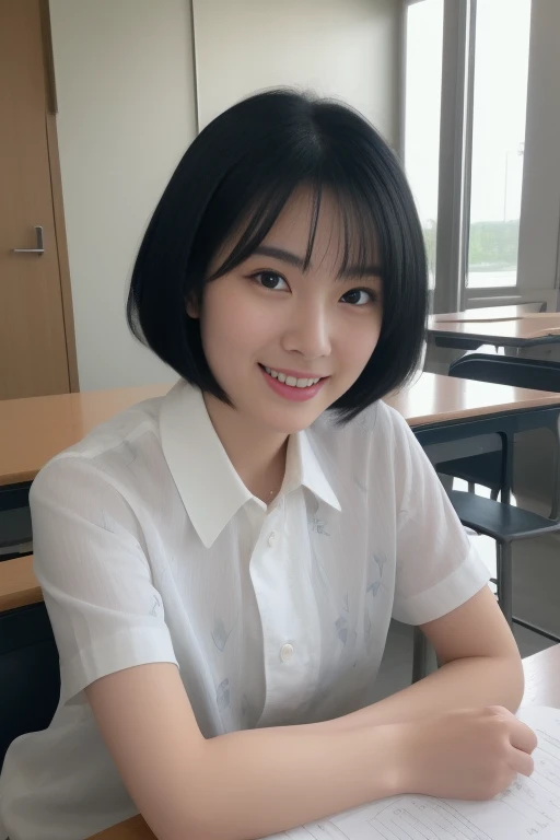 ((8K:1.27、best quality、masterpiece、Ultra-high resolution:1.2))、 beautiful taiwanese woman、 (High school teacher:1.3)、1 girl、Teacher's costume、、Black Hair、Black eyes、short hair、Beautiful woman、study、night、Charming smile、((Perfect anatomical structure、sit at table、Beautiful skin))、Natural body、Professional lighting、Professional photography、Gravure printing、