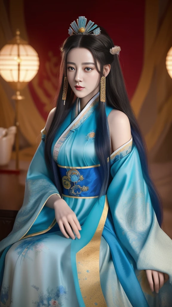 a close up of a woman with long hair wearing a blue dress, palace , a girl in hanfu, beautiful character painting, artwork in the style of guweiz, 8k high quality detailed art, a beautiful fantasy empress, inspired by Lan Ying, trending on cgstation, guweiz, beautiful digital artwork, fantasy art style, ((a beautiful fantasy empress))