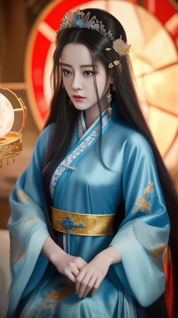 a close up of a woman with long hair wearing a blue dress, palace ， a girl in hanfu, beautiful character painting, artwork in the style of guweiz, 8k high quality detailed art, a beautiful fantasy empress, inspired by Lan Ying, trending on cgstation, guweiz, beautiful digital artwork, fantasy art style, ((a beautiful fantasy empress))