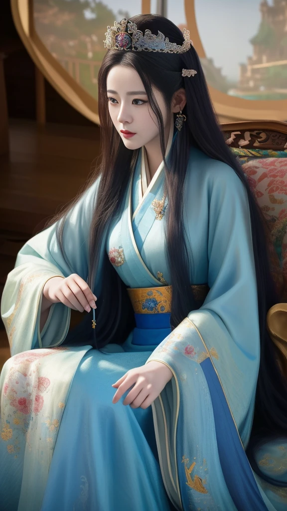 a close up of a woman with long hair wearing a blue dress, palace , a girl in hanfu, beautiful character painting, artwork in the style of guweiz, 8k high quality detailed art, a beautiful fantasy empress, inspired by Lan Ying, trending on cgstation, guweiz, beautiful digital artwork, fantasy art style, ((a beautiful fantasy empress))