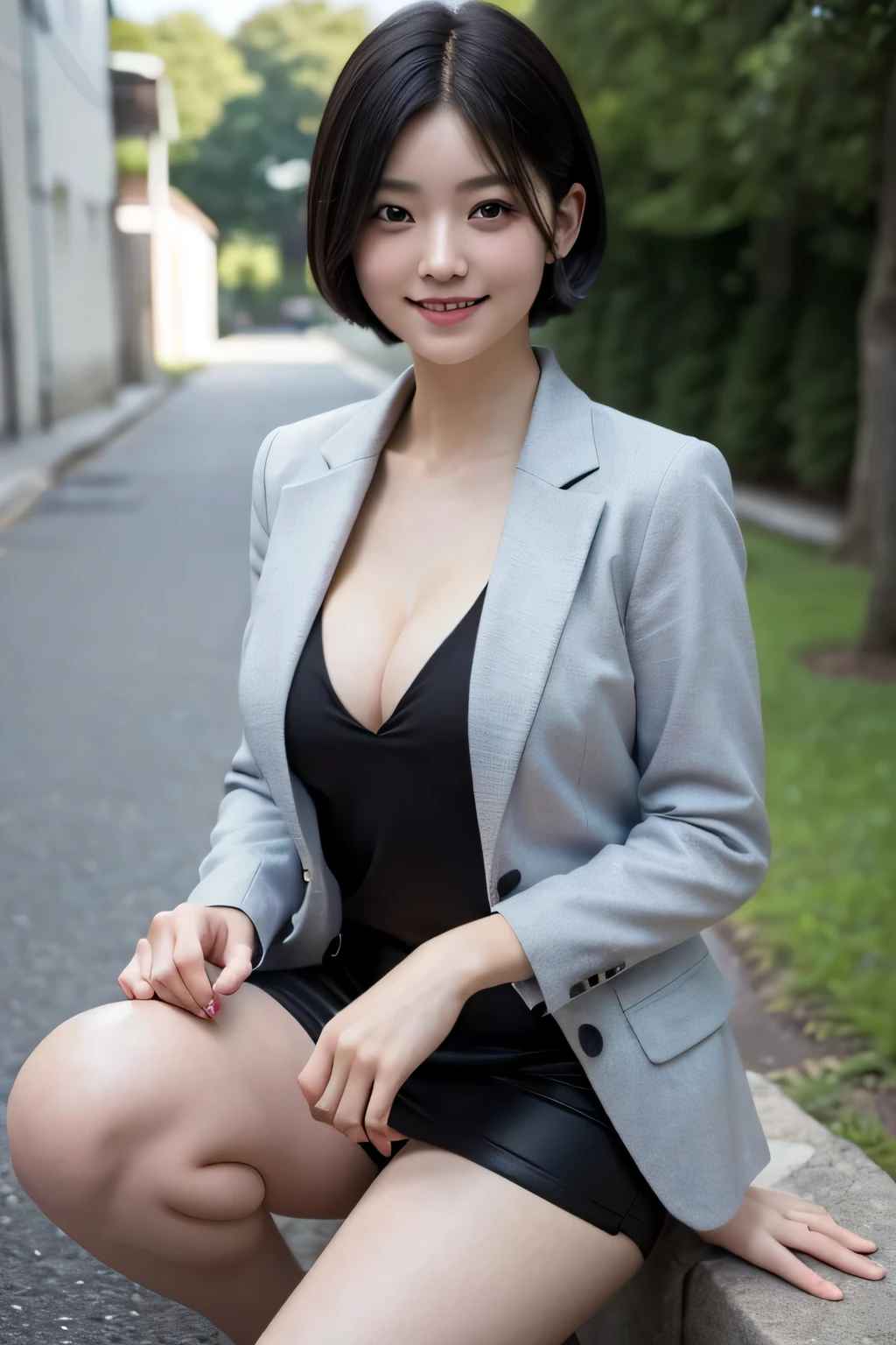 best quality ,masterpiece,ultra high res, very beautiful, kawaii, (photo realistic:1.4), 1girl, Japanese, ((above the knee)), short hair, black hair, looking at viewer, cleavage, smiling, wearing blazer, outdoors, Cinematic, 35mm lens, f/ 1. 8, accent lighting, 8k,