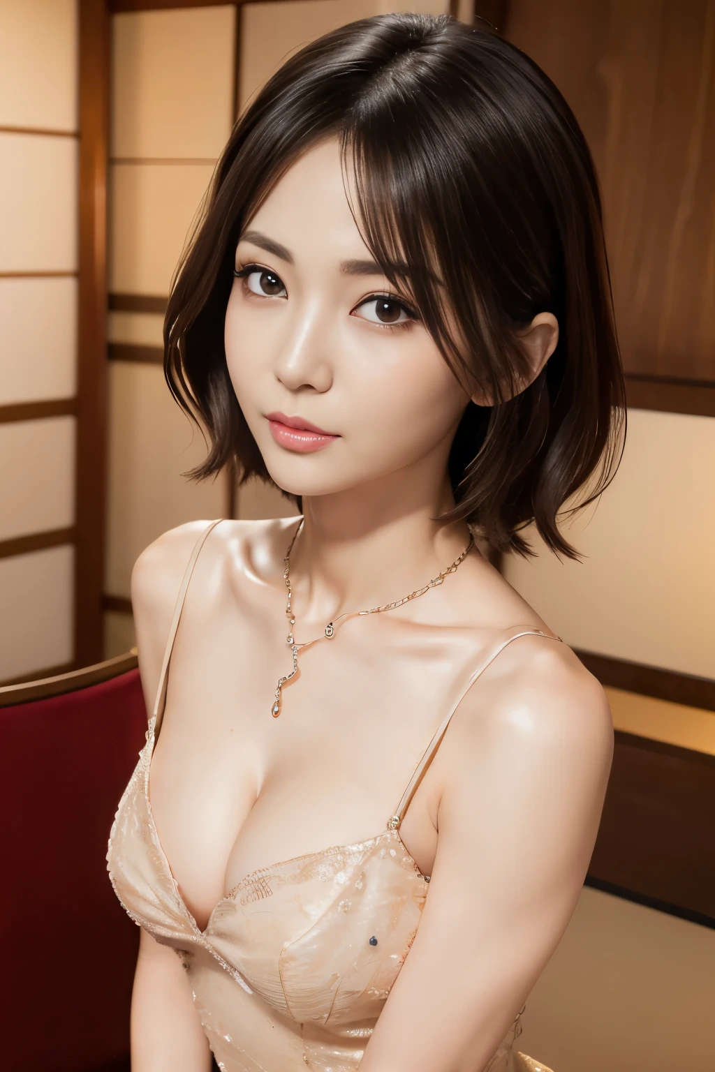 deep make up,neckless,ring,((small breast)),realistic,(ultra quality:1.2),japanese,high quality,masterpiece,(ultra detailed:1.4),japanese,beautiful eye,beautiful face,((at party)),(slender:1.6),highres,make up,(party dress:1.1),real background,dark color