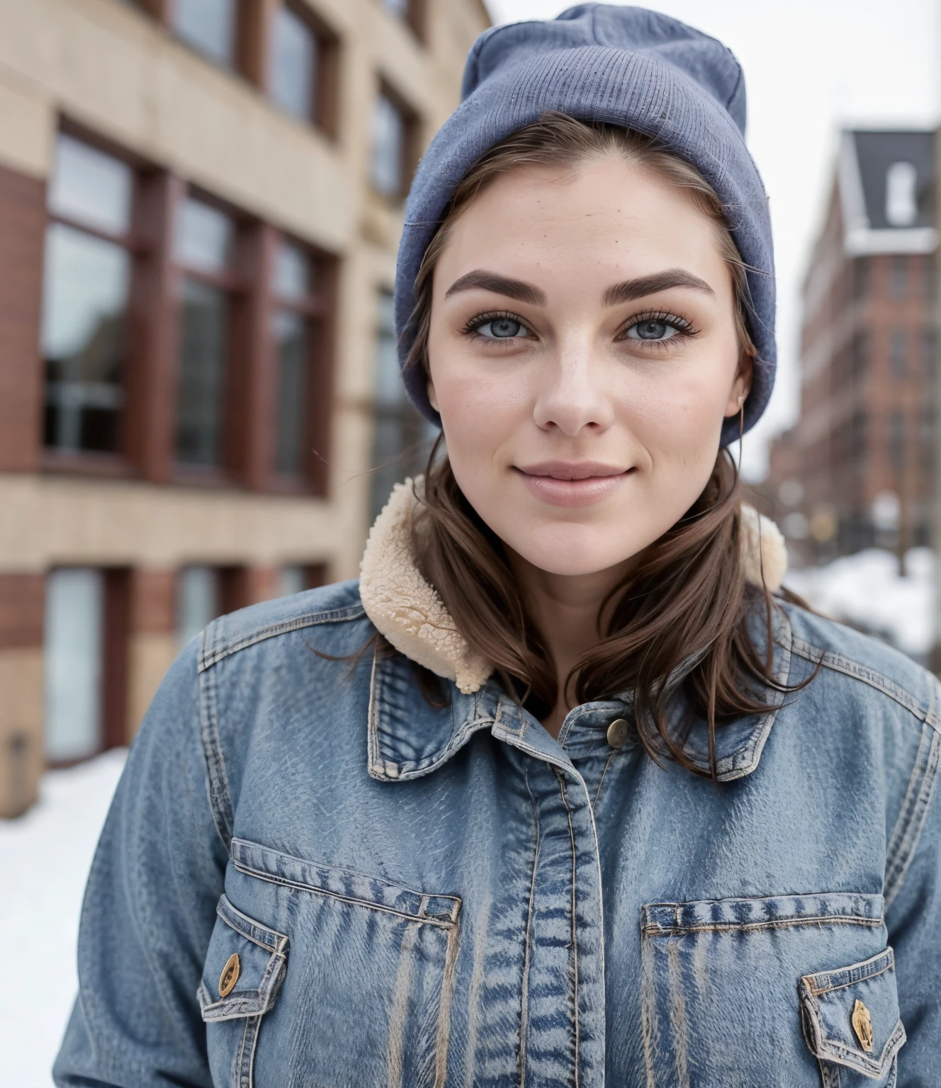 A captivating close-up image of a young, exquisitely beautiful woman, exhibitng a tomboyish charm, showcasing her mesmerizing features. At 20 years old, she dons a Carhartt work coat and a beanie, enhancing her rugged, cold-weather vibe on a freezing winter day. Her athletic physique, voluptuous breasts, and full, plump backside are tastefully highlighted, revealing a small, intricate breast tattoo. Despite being clothed, the cold winds seem to have left rosy hues on her perfect face, accentuating her alluring eyes and nearly flawless iris. A subtle touch of makeup