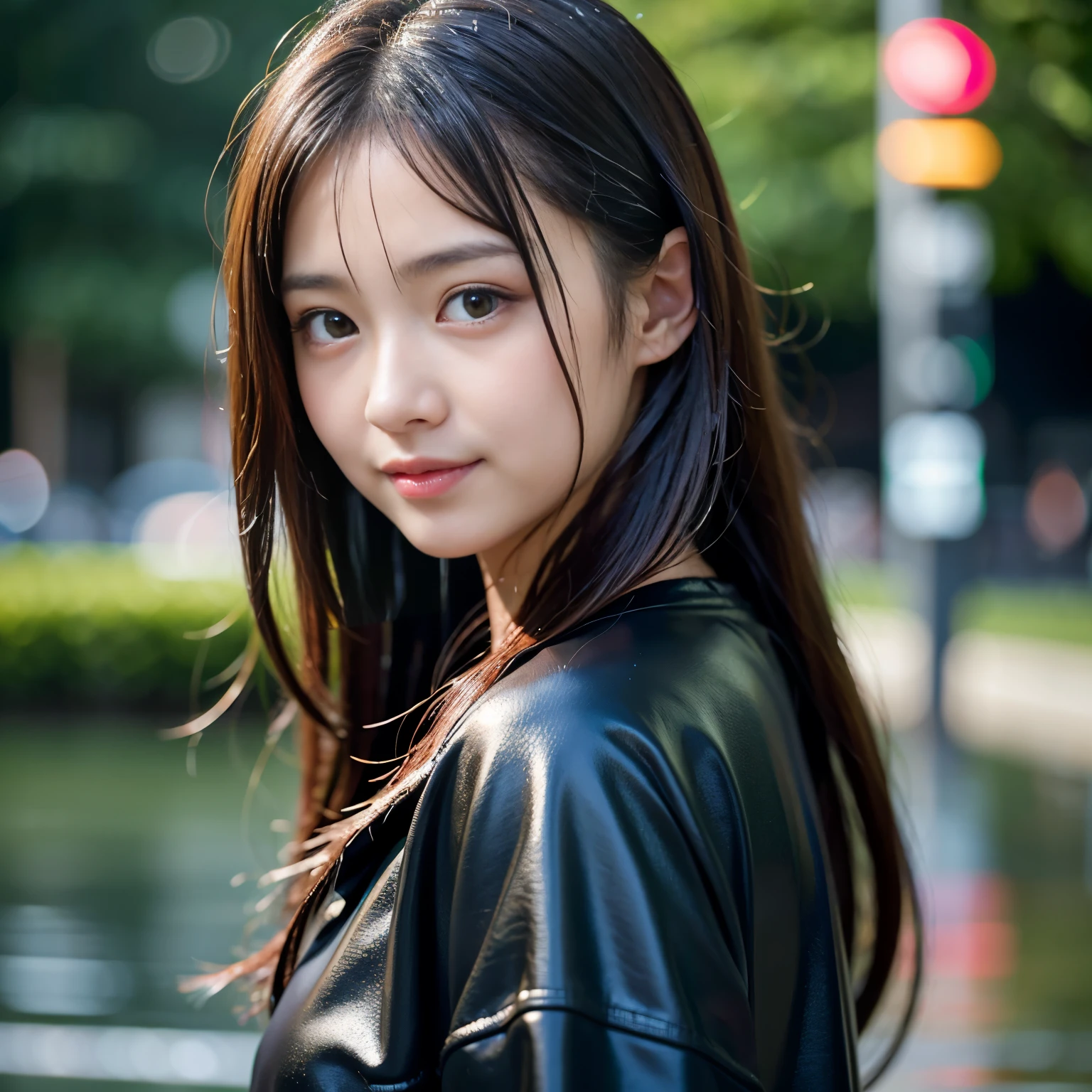 (Best-quality, Masterpiece, Ultra-High-Resolution, (Photorealistic:1.4), Raw Photo, depth of field, professional lighting, perfect anatomy, extremely details), 1girl, 15-years-old, the most famous Japanese idol, on street in heavy-rain, standing in heavy rain, (((wearing wet clothes from heavy-rain))), (extremely cute face like the most popular Japanese idol, (extremely cute and extremely big eyes), extremely beautiful realistic-skins), (extremely wet hair from heavy-rain), extremely cute long-eyelashes, extremely cute lips, looking at viewer, innocent smile