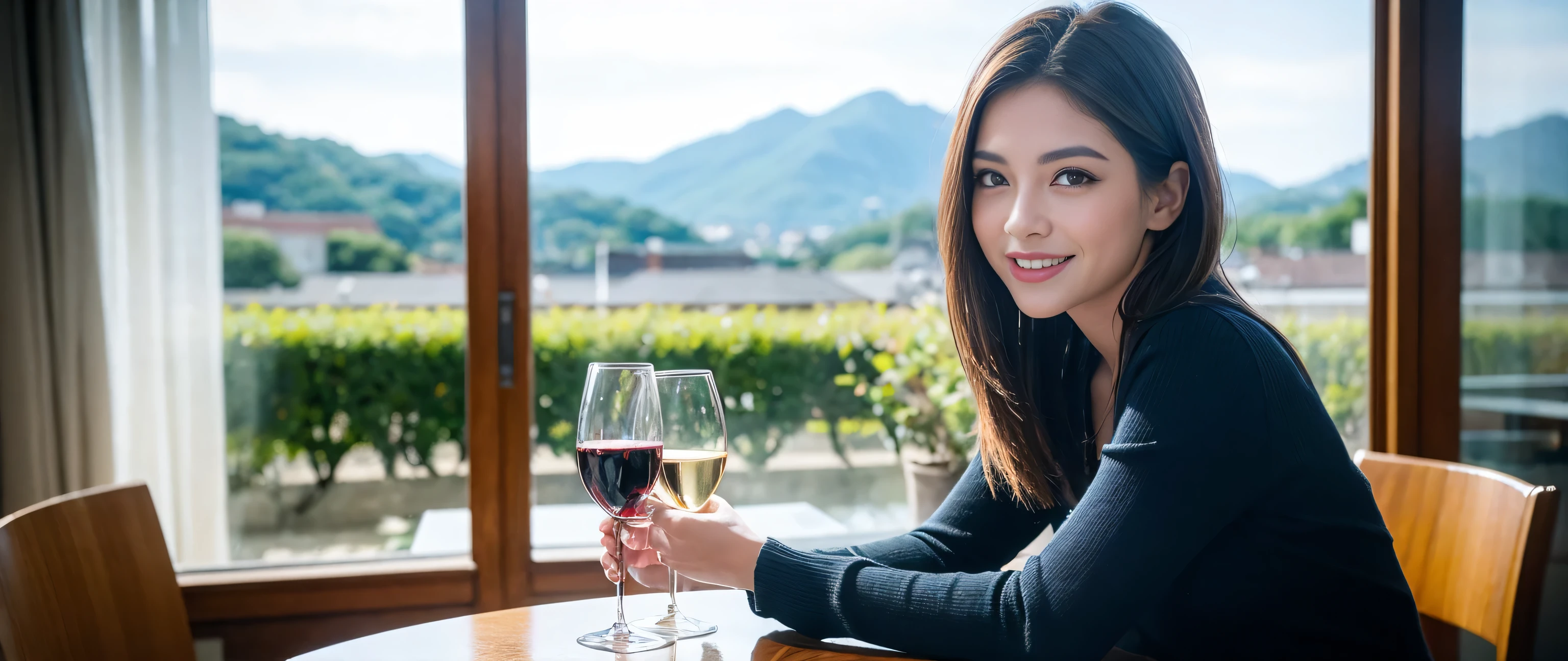 ((highest quality、8k、masterpiece:1.3))、Sharp focus:1.2、Beautiful woman perfect body:1.4、Slim body、((Bob Hale、Straight hair:1.2))、(to be born, highest quality, masterpiece:1.5), (Realistic, Intricate details:1.2), Wine glass on the table、Put the light on your face、 Amazing view of the sunset sky and clouds、Amazing mountain views、A bright smile、A lovely woman with a smile、Bright image、2. The beauty of wine, Beautiful Face, blue eyes, The light shines on your face, Blushing, short hair,Bright Face、Fox face、 (43 years old), 39 years old, Lady、red wine 、Appetizers、Italian food、Wine bottle、Champagne、sparkling wine、Two beauties、Brown Hair、Shortcuts、Long sleeve shirt、dress、Pretty Woman 1, (Slim face), (The body is slim), (Brown Hair), (Shortcuts), cheeks turn a little red,Attractive beauty、, Out of the window, A beautiful and detailed night view unfolds.........., restaurant, In a prominent place (From the waist up) Nova Frog Style, actress, model, Upper Body, White wine, slim, wine glass, Wine glass placed in the center, smile, (smile: 1.15), Beautiful fine grain, Depth f/2,saturation, High Contrast, Strong light and shadow,Moist Body:1.5、3D texture、Delicate eyes、Brown Hair、The hair is very shiny、