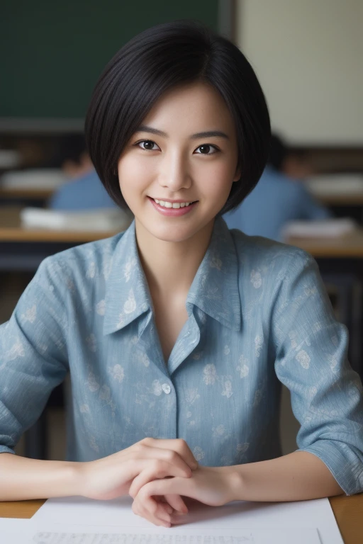 ((8K:1.27、best quality、masterpiece、Ultra-high resolution:1.2))、 beautiful taiwanese woman、 (High school teacher:1.3)、1 girl、Brown silk shirt、、Black Hair、Black eyes、short hair、Beautiful woman、study、night、Charming smile、((Perfect anatomical structure、sit at table、Beautiful skin))、Natural body、Professional lighting、Professional photography、Gravure printing、