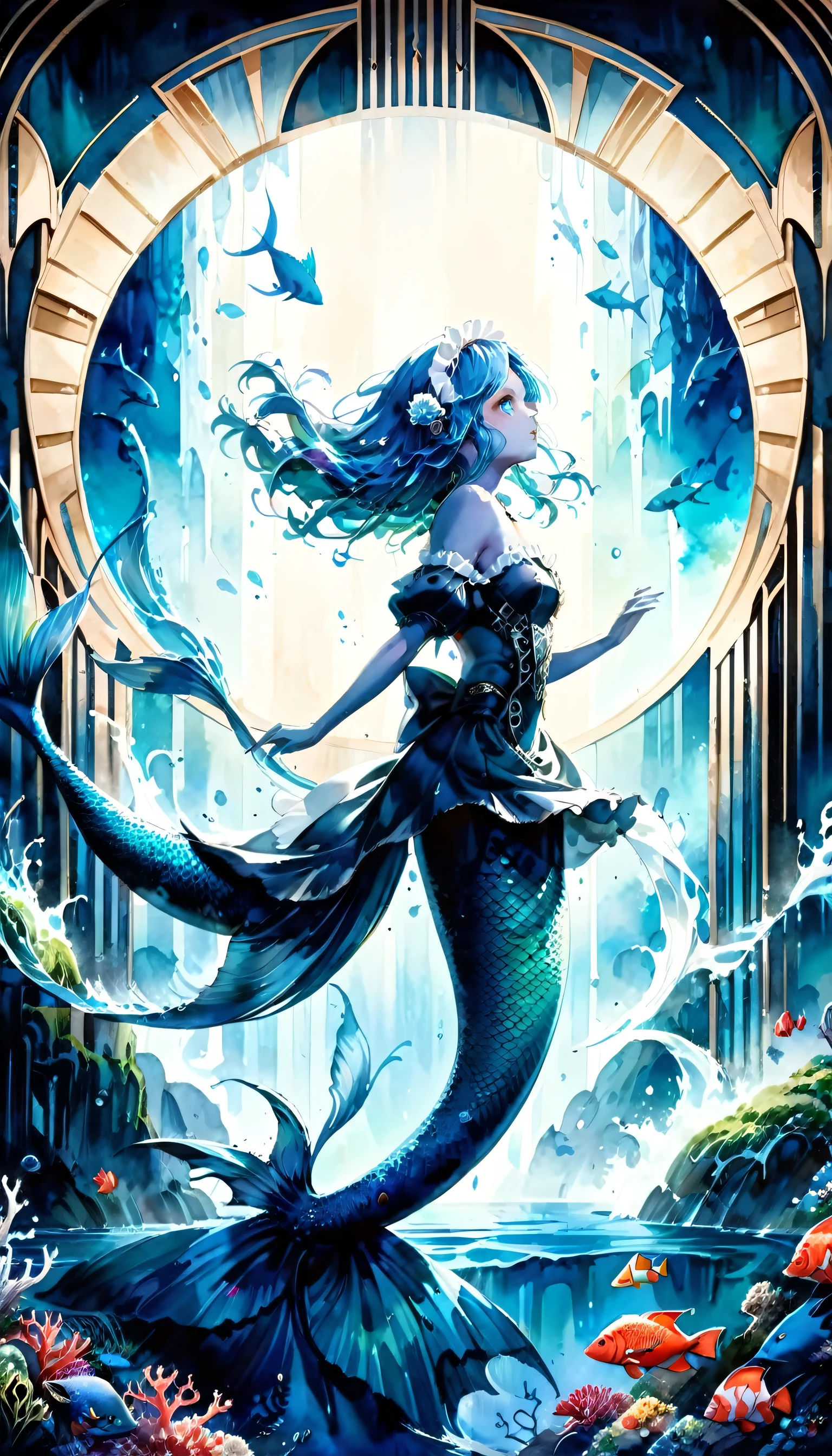 high details, best quality, 16k, ultra detailed, masterpiece, best quality, ((art deco style: 1.5)), full body, ultra wide shot, RAW, photorealistic, fantasy art, dnd art, rpg art, realistic art, an ultra wide picture of a mermaid  under the sea (intricate details, Masterpiece, best quality: 1.4) , female mermaid, (blue: 1.3) skin, (green: 1,3) hair, long hair, swirling hair, intense eyes, small pointed ears, ((blue eyes)), ((glowing eyes)), wearing (black:1.3) ((maid outfit)) flowing ((maid outfit:1.4) wearing a ((flowing maid skirt: 1.5)), beautiful mermaid, you can see rich underwater life, fish, riff, dynamic fantasy blue beach background ((magical atmosphere)), high details, best quality, highres, ultra wide angle, ggmine, traditional watercolor painting