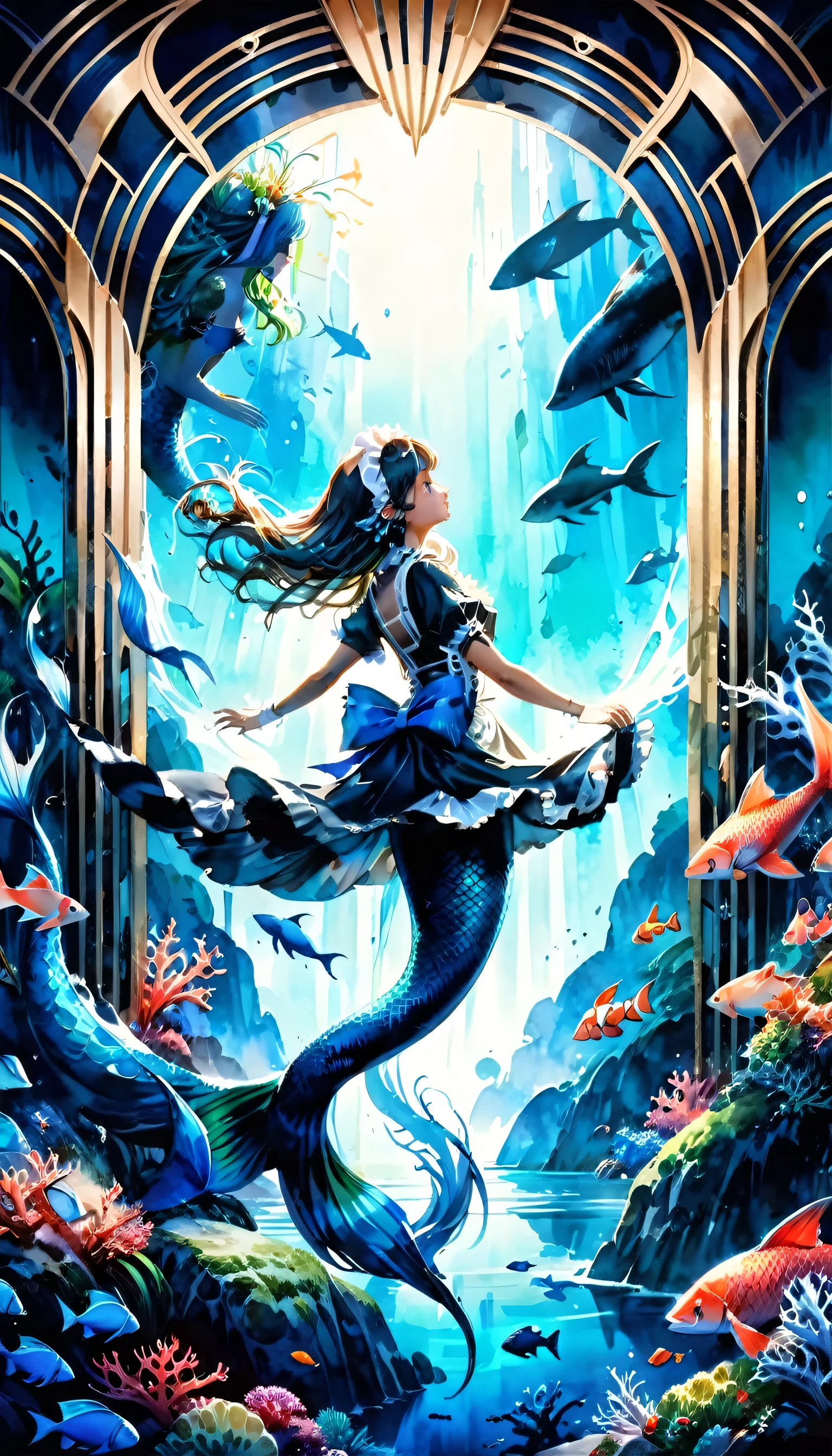 high details, best quality, 16k, ultra detailed, masterpiece, best quality, ((art deco style: 1.5)), full body, ultra wide shot, RAW, photorealistic, fantasy art, dnd art, rpg art, realistic art, an ultra wide picture of a mermaid  under the sea (intricate details, Masterpiece, best quality: 1.4) , female mermaid, (blue: 1.3) skin, (green: 1,3) hair, long hair, swirling hair, intense eyes, small pointed ears, ((blue eyes)), ((glowing eyes)), wearing (black:1.3) ((maid outfit)) flowing ((maid outfit:1.4) wearing a ((flowing maid skirt: 1.5)), beautiful mermaid, you can see rich underwater life, fish, riff, dynamic fantasy blue beach background ((magical atmosphere)), high details, best quality, highres, ultra wide angle, ggmine, traditional watercolor painting