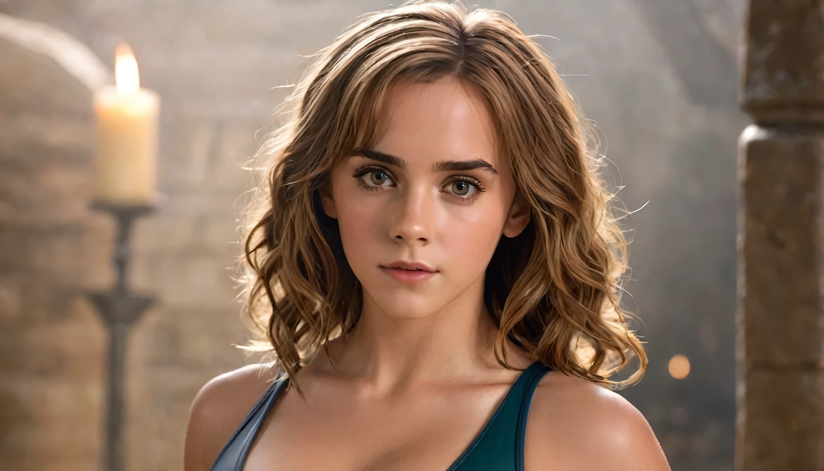Very beautiful and pretty Hermione Granger with a really chiseled jawline is looking straight with a sigma look on her face, slim nose, beautiful eyes, and hair, she have a very hot and sexy body with big boobs, she is inside his magic academy and she is wearing short sexy swimsuit, Ultra realistic, she is posing for a photoshoot
