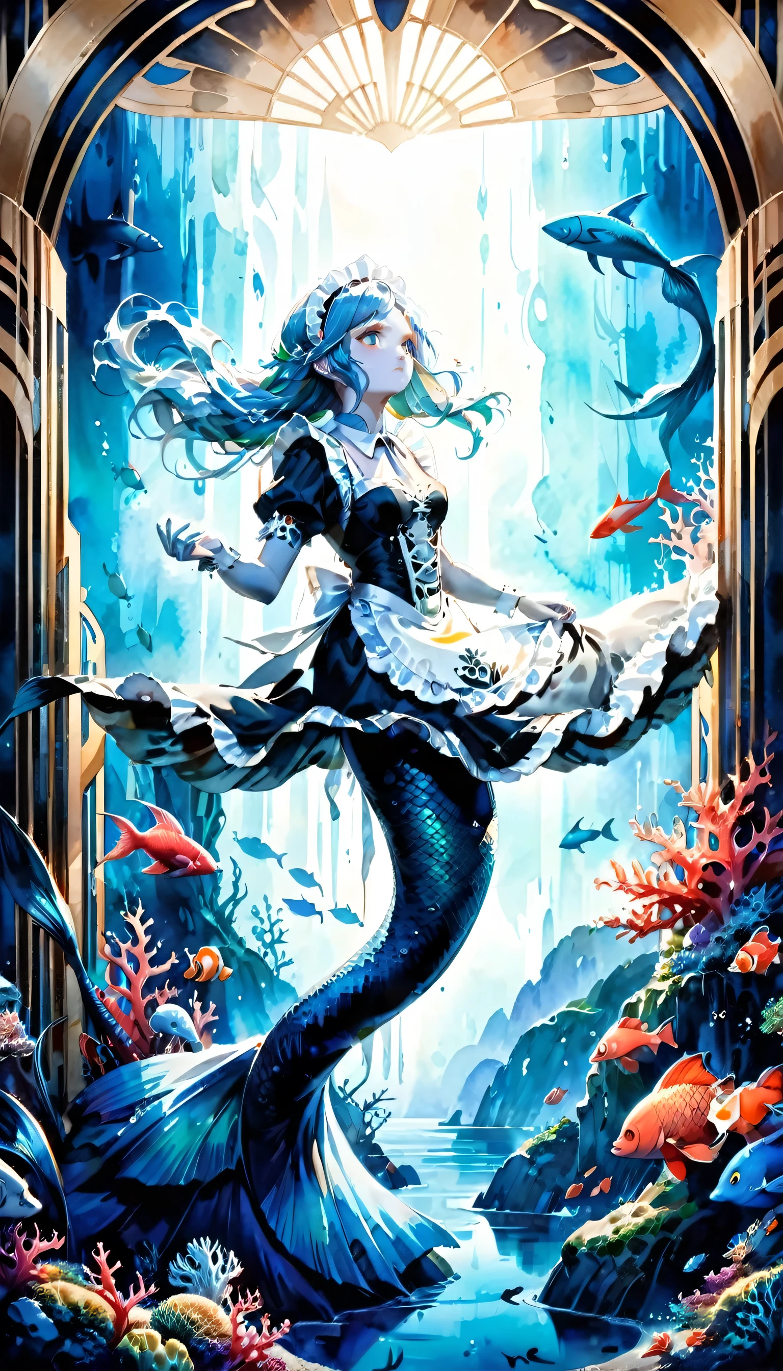 high details, best quality, 16k, ultra detailed, masterpiece, best quality, ((art deco style: 1.5)), full body, ultra wide shot, RAW, photorealistic, fantasy art, dnd art, rpg art, realistic art, an ultra wide picture of a mermaid  under the sea (intricate details, Masterpiece, best quality: 1.4) , female mermaid, (blue: 1.3) skin, (green: 1,3) hair, long hair, swirling hair, intense eyes, small pointed ears, ((blue eyes)), ((glowing eyes)), wearing (black:1.3) ((maid outfit)) flowing ((maid outfit:1.4) wearing a ((flowing maid skirt: 1.5)), beautiful mermaid, you can see rich underwater life, fish, riff, dynamic fantasy blue beach background ((magical atmosphere)), high details, best quality, highres, ultra wide angle, ggmine, traditional watercolor painting