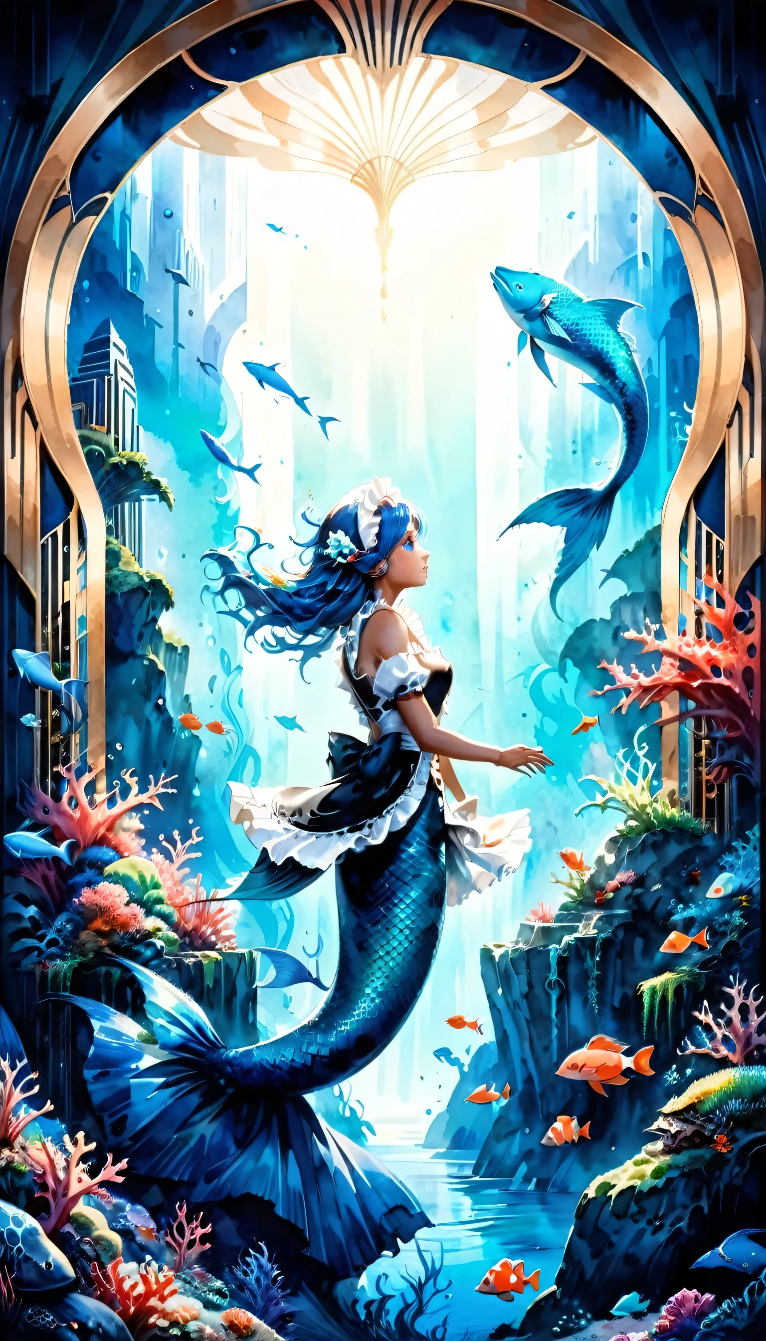 high details, best quality, 16k, ultra detailed, masterpiece, best quality, ((art deco style: 1.5)), full body, ultra wide shot, RAW, photorealistic, fantasy art, dnd art, rpg art, realistic art, an ultra wide picture of a mermaid  under the sea (intricate details, Masterpiece, best quality: 1.4) , female mermaid, (blue: 1.3) skin, (green: 1,3) hair, long hair, swirling hair, intense eyes, small pointed ears, ((blue eyes)), ((glowing eyes)), wearing (black:1.3) ((maid outfit)) flowing ((maid outfit:1.4) wearing a ((flowing maid skirt: 1.5)), beautiful mermaid, you can see rich underwater life, fish, riff, dynamic fantasy blue beach background ((magical atmosphere)), high details, best quality, highres, ultra wide angle, ggmine, traditional watercolor painting