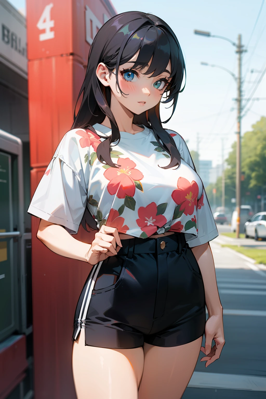 Girl, big tits, floral regular fit shorts