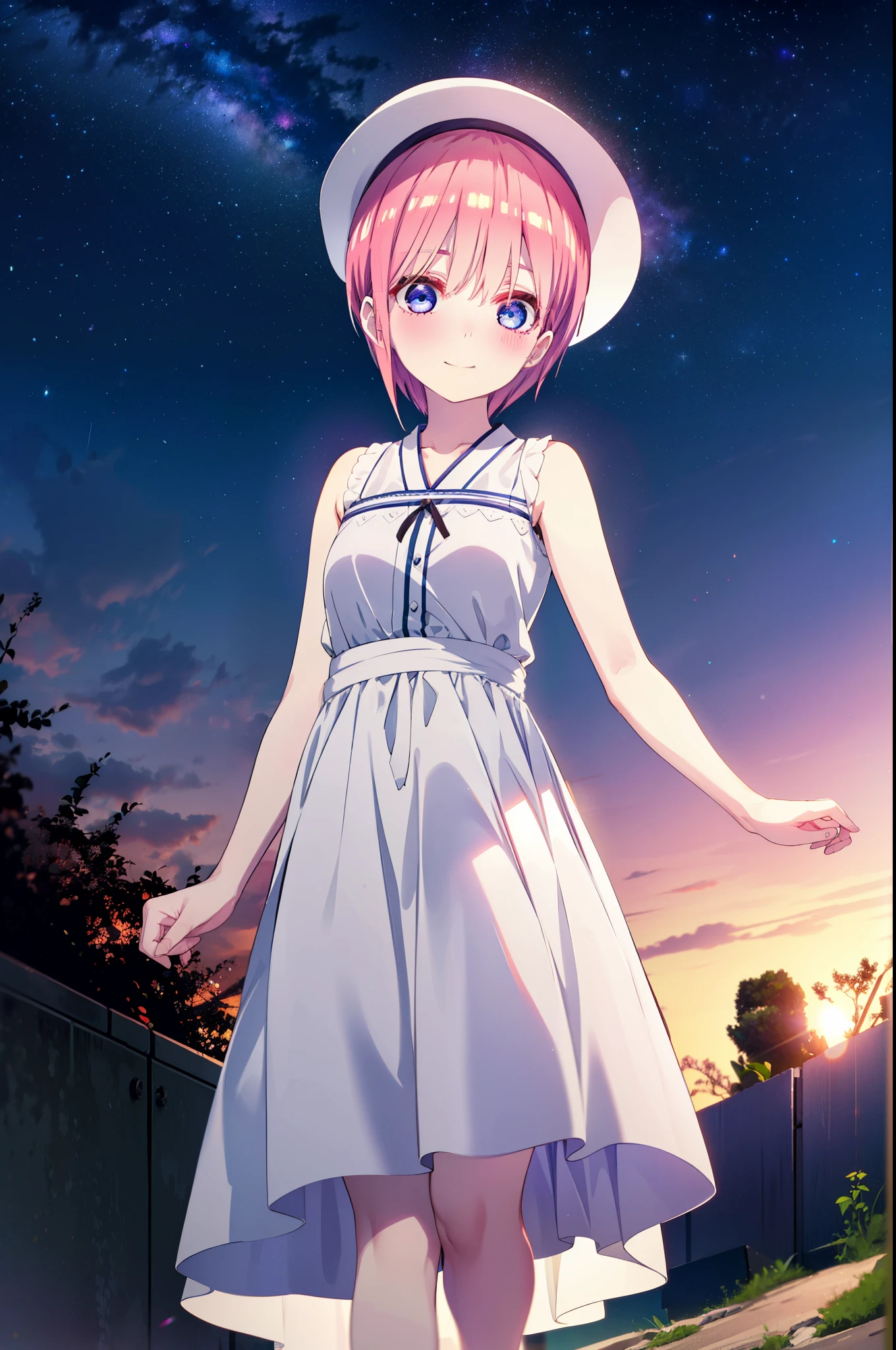 ichikanakano, ichika nakano, short hair, bangs, blue eyes, Hair between the eyes, Pink Hair, Big white hat,smile,Sleeveless white dress,Bare arms,White long skirt,Cute heeled sandals,whole bodyがイラストに入るように,Looking down from above,walk,moonlight,night,ロマンチックなnight景,Starry Sky,shooting star,Looking down from above,
break outdoors, hill,
break looking at viewer, whole body,
break (masterpiece:1.2), highest quality, High resolution, unity 8k wallpaper, (shape:0.8), (Beautiful details:1.6), Highly detailed face, Perfect lighting, Highly detailed CG, (Perfect hands, Perfect Anatomy),