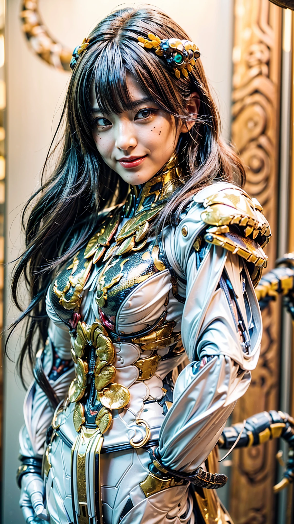(high resolution,masterpiece,best quality,extremely detailed CG,),(japanese girl face), realistic, photo, ultimately realistic all textures, amazing fine details, all intricate, gloss and shiny,awesome many layers, 8k wall paper, 3d, (ultimately cute face), ( solo:1.4), perfect female proportion,villainess, (fusion of scorpion and lady:1.4), (scorpion form lady:1.2), (crab lady:1.2), (fusion:1.2), (solo:1.4), (smile:1.2), muscular, abs, (Armor intricately composed of small parts), (scorpion exoskeleton bio insect suit:1.4), (scorpion blue exoskeleton bio insect armor:1.2), (blue scorpion antennae:1.3),