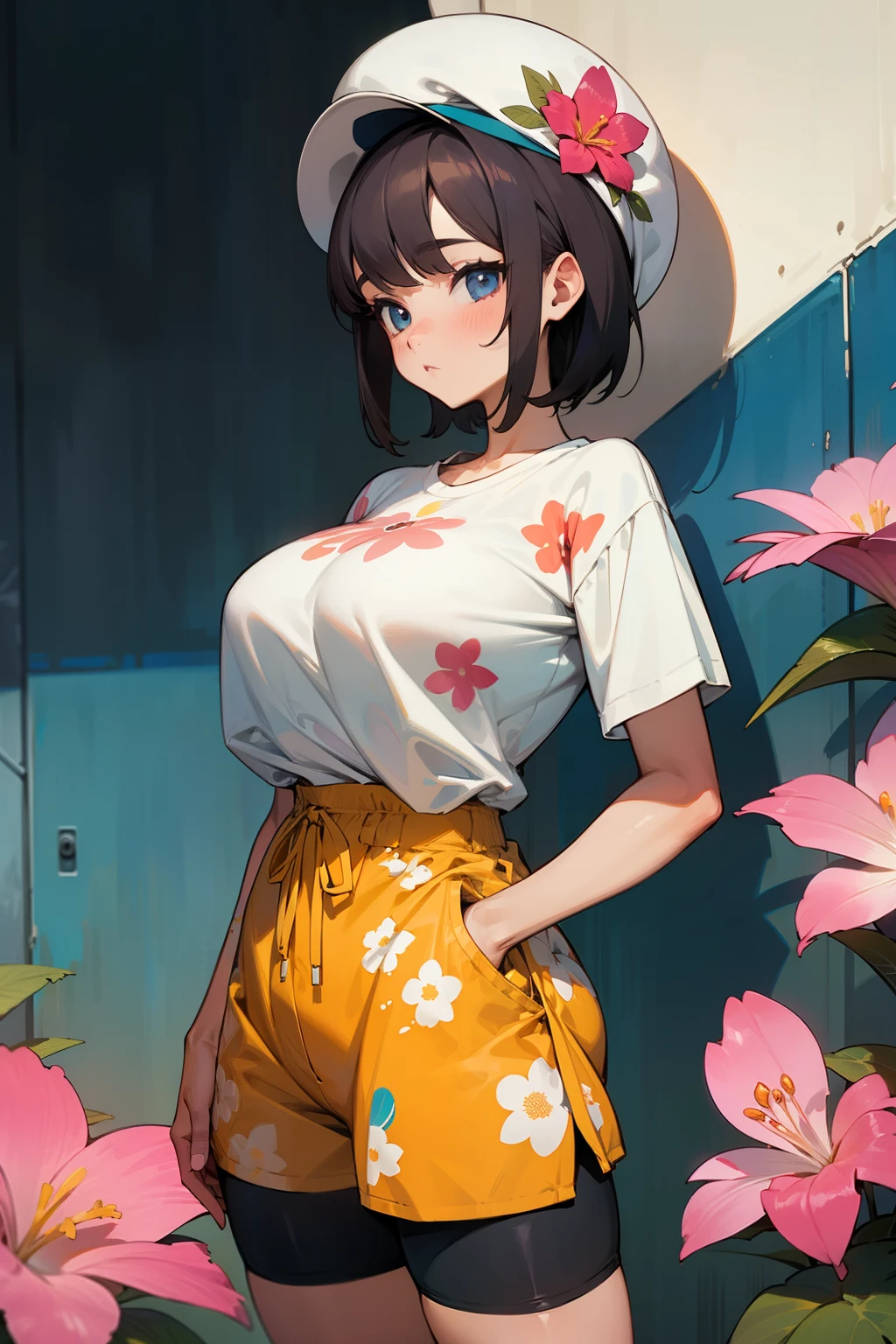 Girl, big tits, floral regular fit shorts