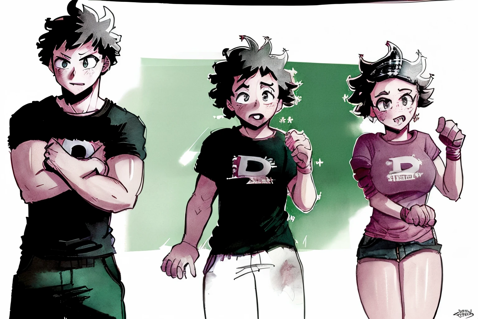(3seq:1.5), (masterpiece photo), man wearing a t-shirt and jeans, slut young woman , izuku genderbender, mha art style good quality, hd, hdr