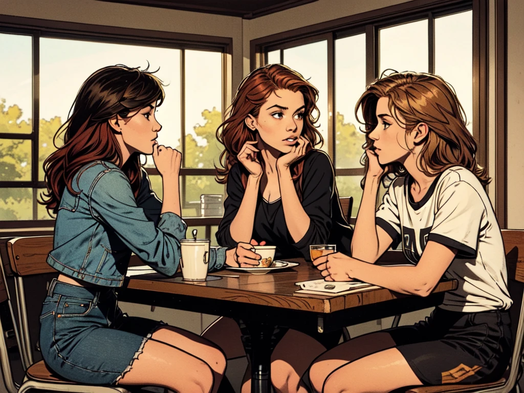 typical pale college dining hall:1.2, morning light, sitting side-by-side:1.2,hooligan girls,chatting, gossip, modern teenager outfit, blond, black-haired, red-haired, simple square table,no background,