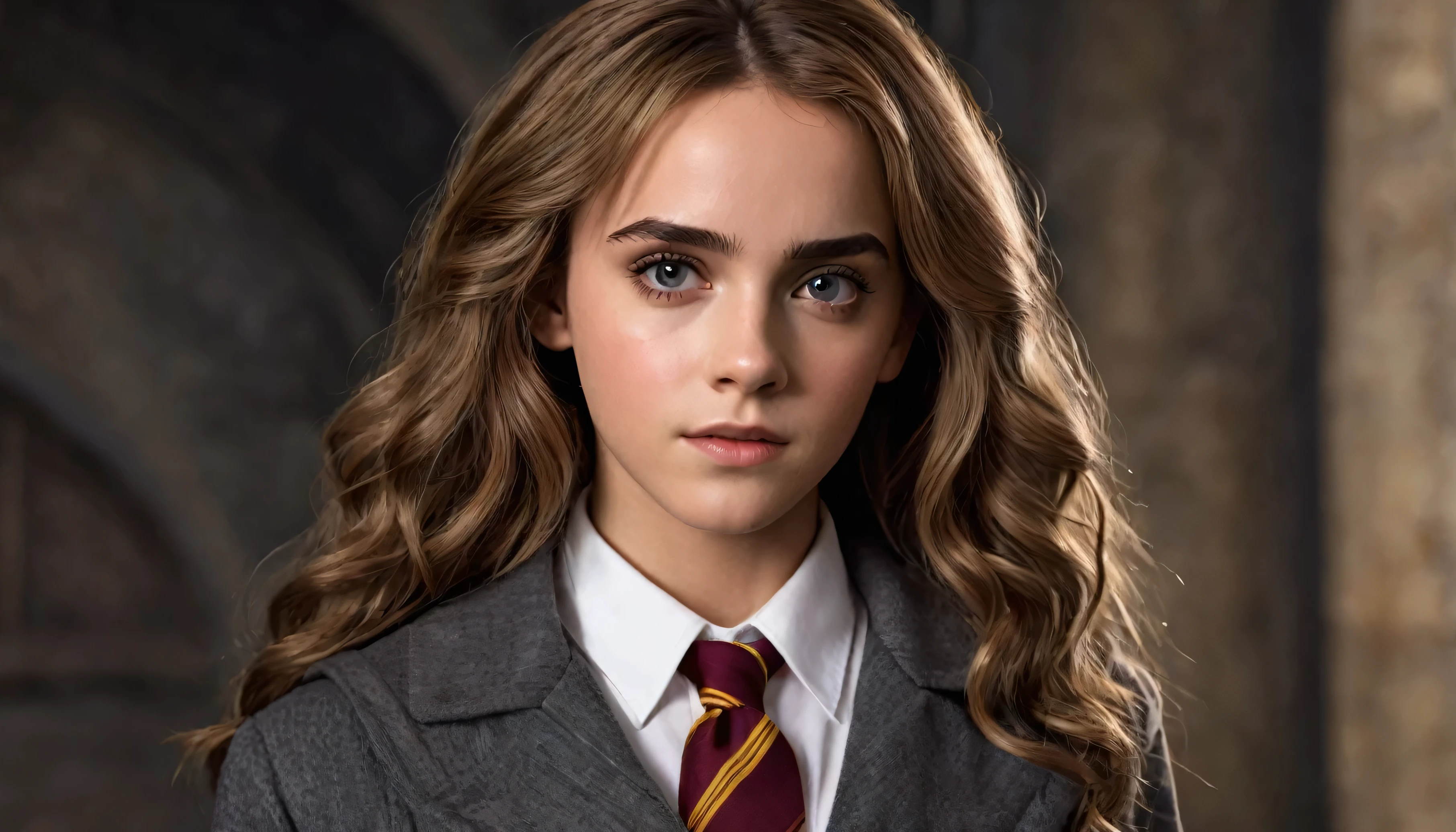 Very beautiful and pretty Hermione Granger with a really chiseled jawline is looking straight with a sigma look on her face, slim nose, beautiful eyes, and hair, she have a very hot and sexy body with big boobs, she is inside his magic academy, Ultra realistic, she is posing for a photoshoot