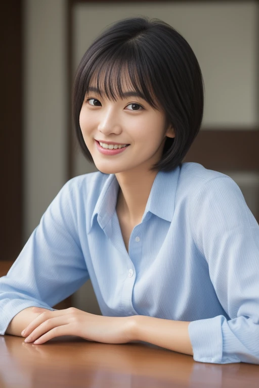 ((8K:1.27、best quality、masterpiece、Ultra-high resolution:1.2))、 beautiful taiwanese woman、 (High school teacher:1.3)、1 girl、Brown silk shirt、、Black Hair、Black eyes、short hair、Beautiful woman、study、warm sunshine、Charming smile、((Perfect anatomical structure、sit at table、Beautiful skin))、Natural body、Professional lighting、Professional photography、Gravure printing、