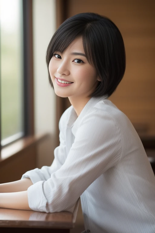 ((8K:1.27、best quality、masterpiece、Ultra-high resolution:1.2))、 beautiful taiwanese woman、 (High school teacher:1.3)、1 girl、Brown silk shirt、、Black Hair、Black eyes、short hair、Beautiful woman、study、warm sunshine、Charming smile、((Perfect anatomical structure、sit at table、Beautiful skin))、Natural body、Professional lighting、Professional photography、Gravure printing、