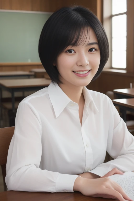 ((8K:1.27、best quality、masterpiece、Ultra-high resolution:1.2))、 beautiful taiwanese woman、 (High school teacher:1.3)、1 girl、Brown silk shirt、、Black Hair、Black eyes、short hair、Beautiful woman、study、warm sunshine、Charming smile、((Perfect anatomical structure、sit at table、Beautiful skin))、Natural body、Professional lighting、Professional photography、Gravure printing、