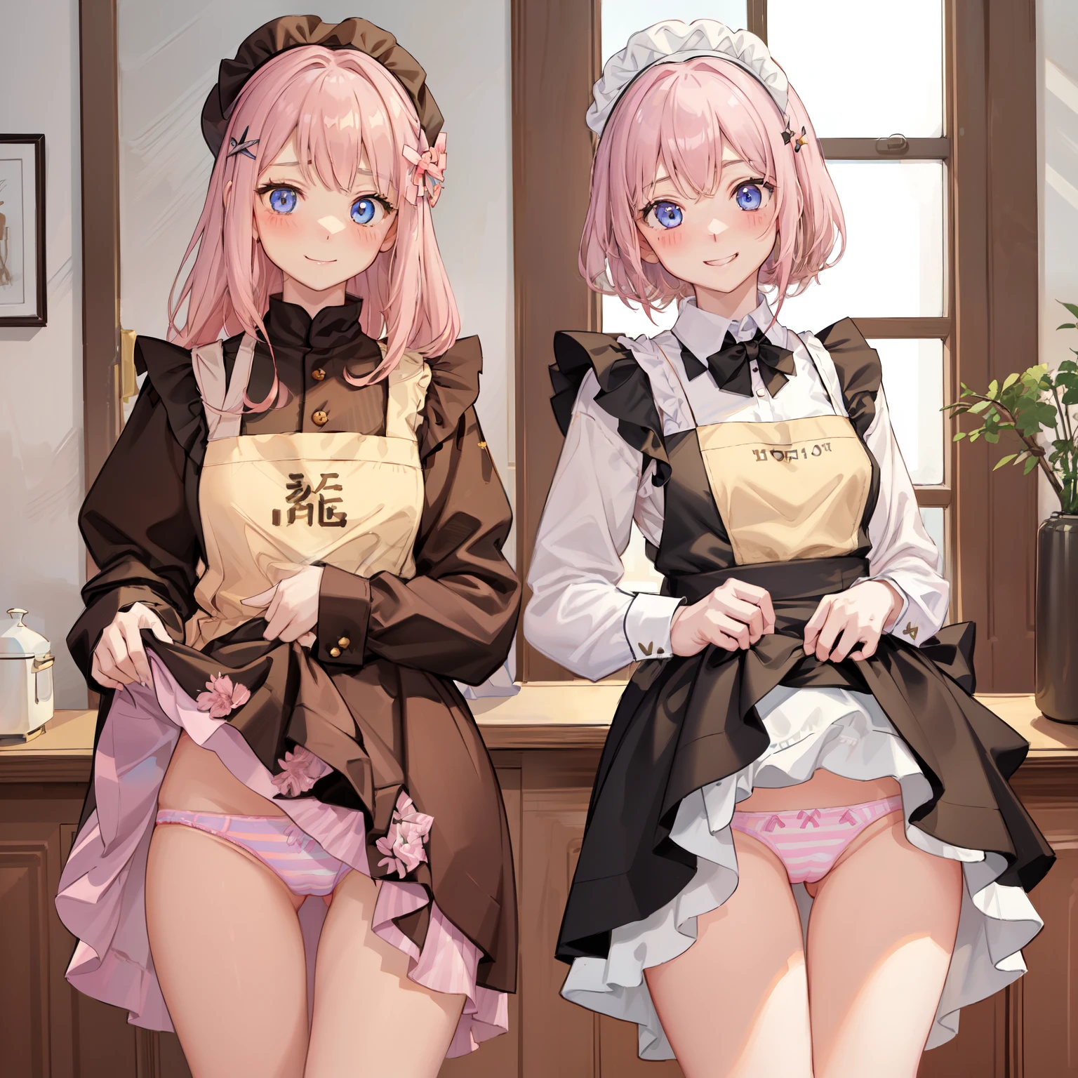 highest quality、masterpiece、((2 girls:1.5))、((smile:1.3))、(blush:1.3)、Black Shirt、blouse、((fun!!))、(Small breasts)、()、Blonde、(Long sleeve)、((White apron:1.5))、((Maid))、((hair ornaments)),、Kamimei、look at me、 ((in house:1.5))、 Taking a break from watching the audience、Cowboy Shot、(Skirt lift:1.3),(Highly detailed pink striped panties:1.3)、(Highly detailed panties:1.3)、、(スカート that rolls up:1.3)、(Panties fully exposed:1.5)、Light blue eyes、long hair、Glowing Eyes