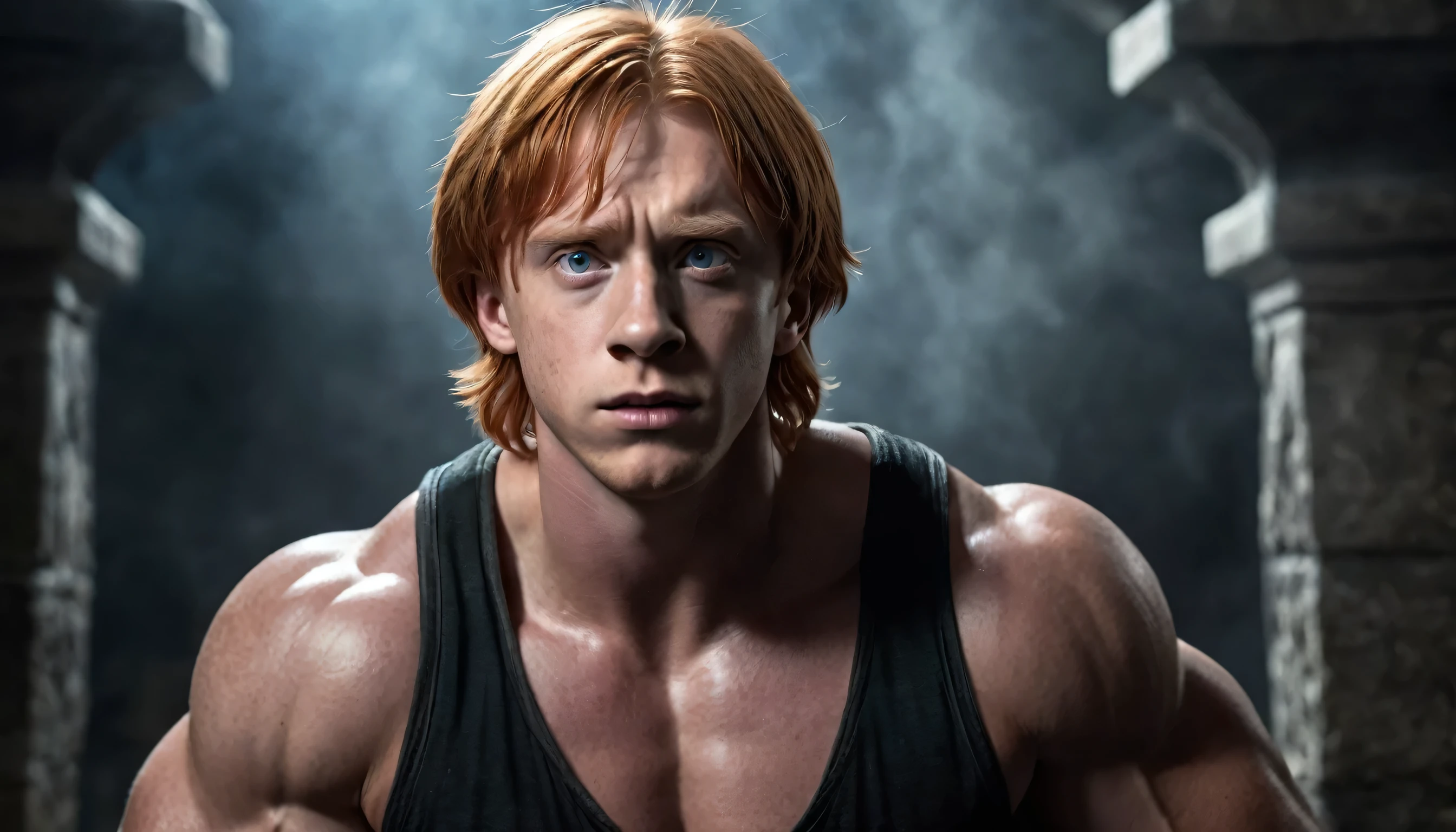 Very Handsome Ron Weasley with a really big chiseled jawline, slim nose, hunter eyes and very big muscled Muscles is looking straight with a angry look on his face look inside his magic academy, Ultra realistic, posing for a photoshoot