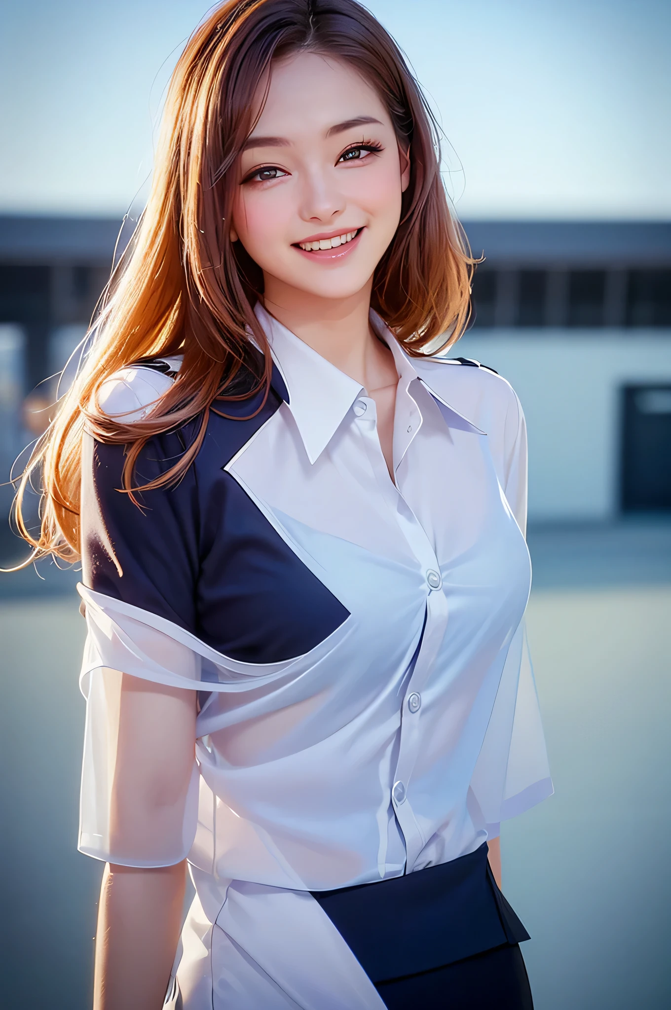 { 1girl, at airport, cowboy shot }, { (masterpiece:1.2), (best quality:1.8), (photo realistic:1.4), (8K resolution:1.2) }, { ((shallow depth of field)), (sunshine:1.2) }, { beautiful 20yo, (blushed face), (smiling:1.2), (open mouth:1.2), (eyes rolled up:1.2), (long hair), slender body, big breasts }, { ((see-through flight attendant uniform)) }