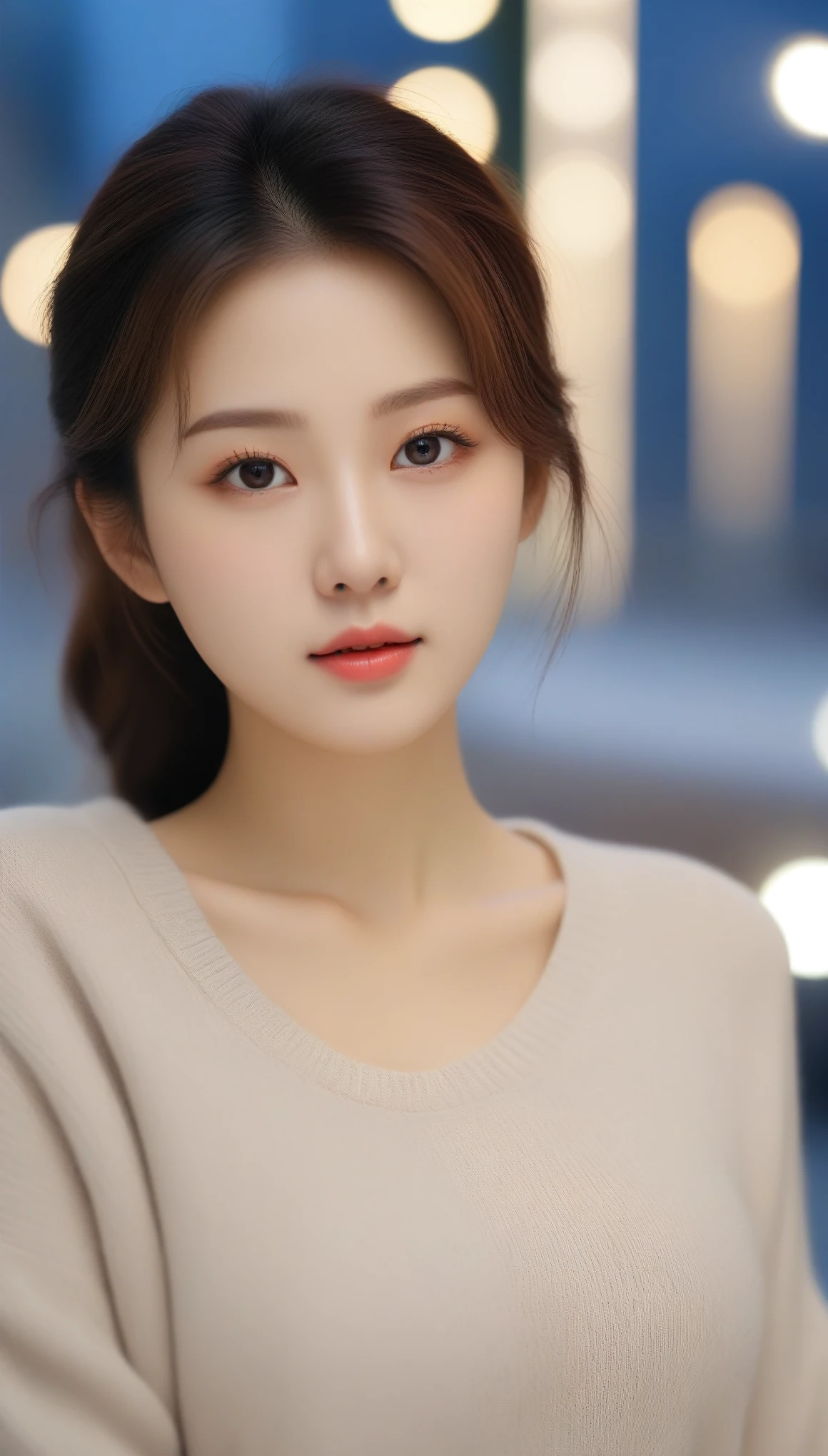 close-up of beautiful korean female, 34 inches breasts size, wearing rolled sleeves sweater, bokeh background,UHD