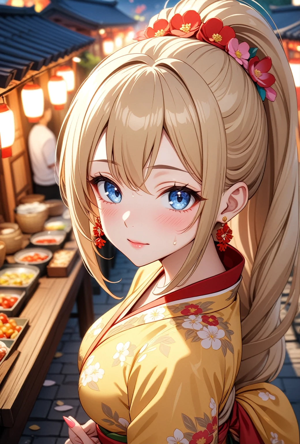 ((One woman)), Beautiful Face,(Close your eyes and cry),Become bright red,Sweat on the face,Glossy pink lips,night,Shrine festival stalls, ((Anime style background)),masterpiece, highest quality, so beautiful, up to date, Complex details, (Pink long nails),AI-generated, Complex,High resolution, highest quality, super high quality,3D Images、View the viewers、3D Images,one person,Long Blonde Hair,High Ponytail,blue eyes,Anime woman posing for a photo, [[Fine grain、Colorful eyes、Shining Eyes:1.15]],(Squint your eyes:1.1),a hyperRealistic , hyperRealistic , Realistic,Blonde anime woman with long hair, Smooth anime CG art, A woman in a colorful kimono with gold embroidery, (Yellow kimono),Pink floral pattern,Long flower hair ornament,Big earrings,(Large Breasts:1.2),Mature Body,tall,Big Ass,Fine details,Narrow waist,Six-pack,Photographed from diagonally above,looking at the camera