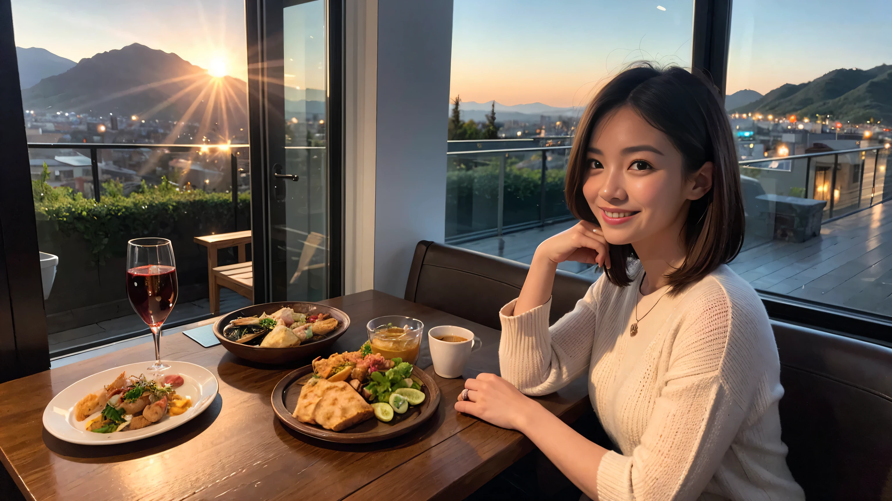 (highest quality、8k、masterpiece:1.3)、Beautiful woman with perfect figure:1.4、wine 、2 people、Dark brown hair、Knit dress、Highly detailed face and skin、fine grain、double eyelid、Huge Mile、30th generation、Sex Appeal、テーブルにWine Glass、Shine light on your face、 Amazing view of the sunset sky and clouds、Amazing mountain views、A bright smile、A lovely woman with a smile、Bright image、The beauty of wine, Beautiful Face, blue eyes, The light shines on your face, Blushing, short hair,Bright Face、Fox face、 (36 years old), 39 years old, Lady、Red wine 、Appetizers、Italian food、wine bottle、Champagne、Sparkling wine、Two beauties、Brown Hair、Shortcuts、Long sleeve shirt、dress、Pretty Woman 1, (Slim face), (The body is slim), (Brown Hair), (Shortcuts), cheeks turn a little red,Attractive beauty、, Out of the window, A beautiful and detailed night view unfolds.........., restaurant, In a prominent place (From the waist up) Nova Frog Style, actress, model, Upper Body, White wine, slim, Wine Glass, 真ん中に置かれたWine Glass, smile, (smile: 1.15), Beautiful fine grain, Depth f/2,saturation, High Contrast, Strong light and shadow,Moist Body:1.5、3D texture、Delicate eyes、Brown Hair、The hair is very shiny、