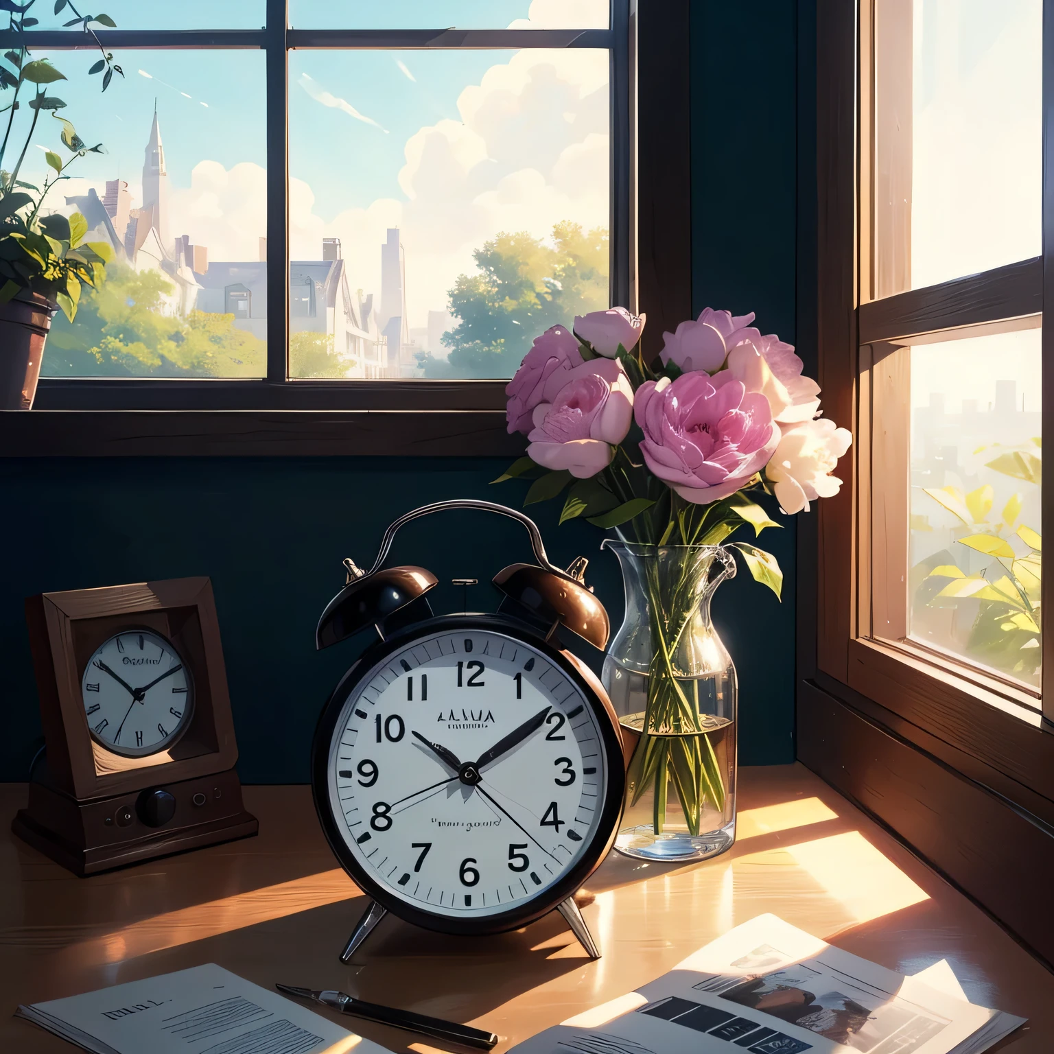 ((best quality)), ((masterpiece)), (detailed), close up shot of alarm clock by the window, dawn scene, aesthetic, bloom, sunlight from the windows