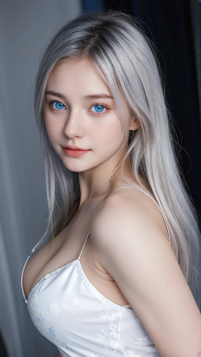Gorgeus Girl, Beautiful, , 20 Years Old, White Skin, Silver hair, white messy long hairstyle, side Sexy Pose :1.5, sexy white nightdress, Blue Eye, Muscles, Bokeh, dark Background, dynamic lighting studio, Masterpiece, Fullbody Shot, attractive, seductive