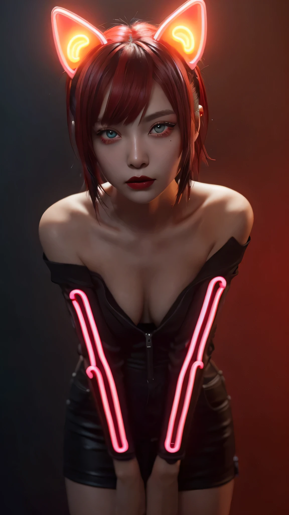 masterpiece, highest quality, 4K, Photorealistic, bokeh, enlightenment, 1 perfect portrait of a girl, (A fascinating eye for perfect detail:1.2), red and black hair, (gradient hair), (neon red hair:1.6), (Cat ear:1.2), fantasy background, (exposed bare shoulders), (Neon red long-term alienation sleeve), (lean forward a little), head tilt, movie lighting, oversized clothes, (seductive pose:1.4), (neon red and black background:1.6), beautiful white eyes, close up