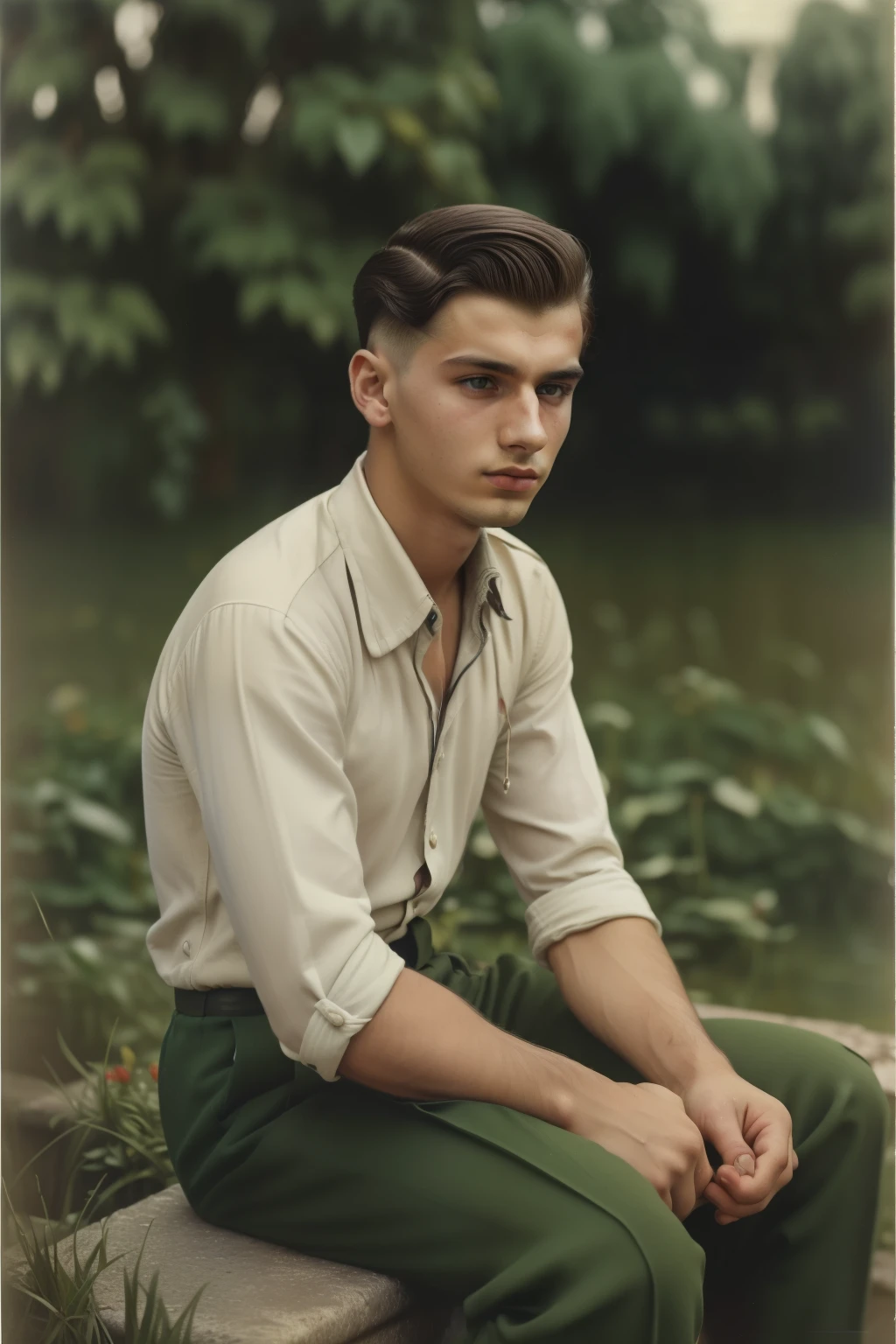 Poland, 1942. A young ((((24-year-old)) Lale Sokolov)), young man, ((sad, scared expression)), ((((clothings from the 1940s)))), ((hairstyle of the 1940s)), ((colorful, Monet))