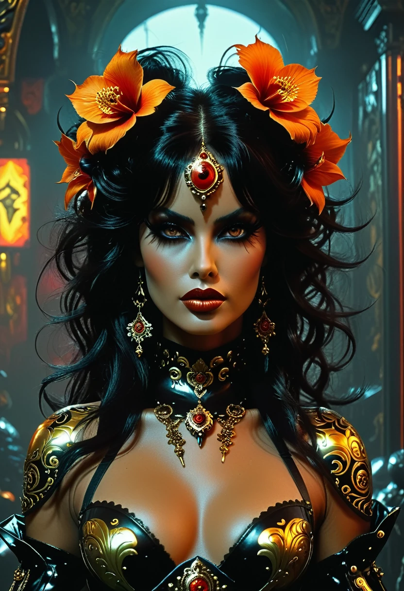 Full length view. Frank Frazetta Fantasy Style Cyberpunk Gaisha Baroque Floral Pattern Orange Red Black Gold Large Eyes Soft Body Fog Moody Glossy Hair Cinematic Film Light Ultra Detailed Hyper Realistic Masterpiece atmospheric, high resolution, vibrant, high contrast, dark corner, 16k, hdr, artstation trends, sharp focus, high detail. In the style of Frank Frazetta.