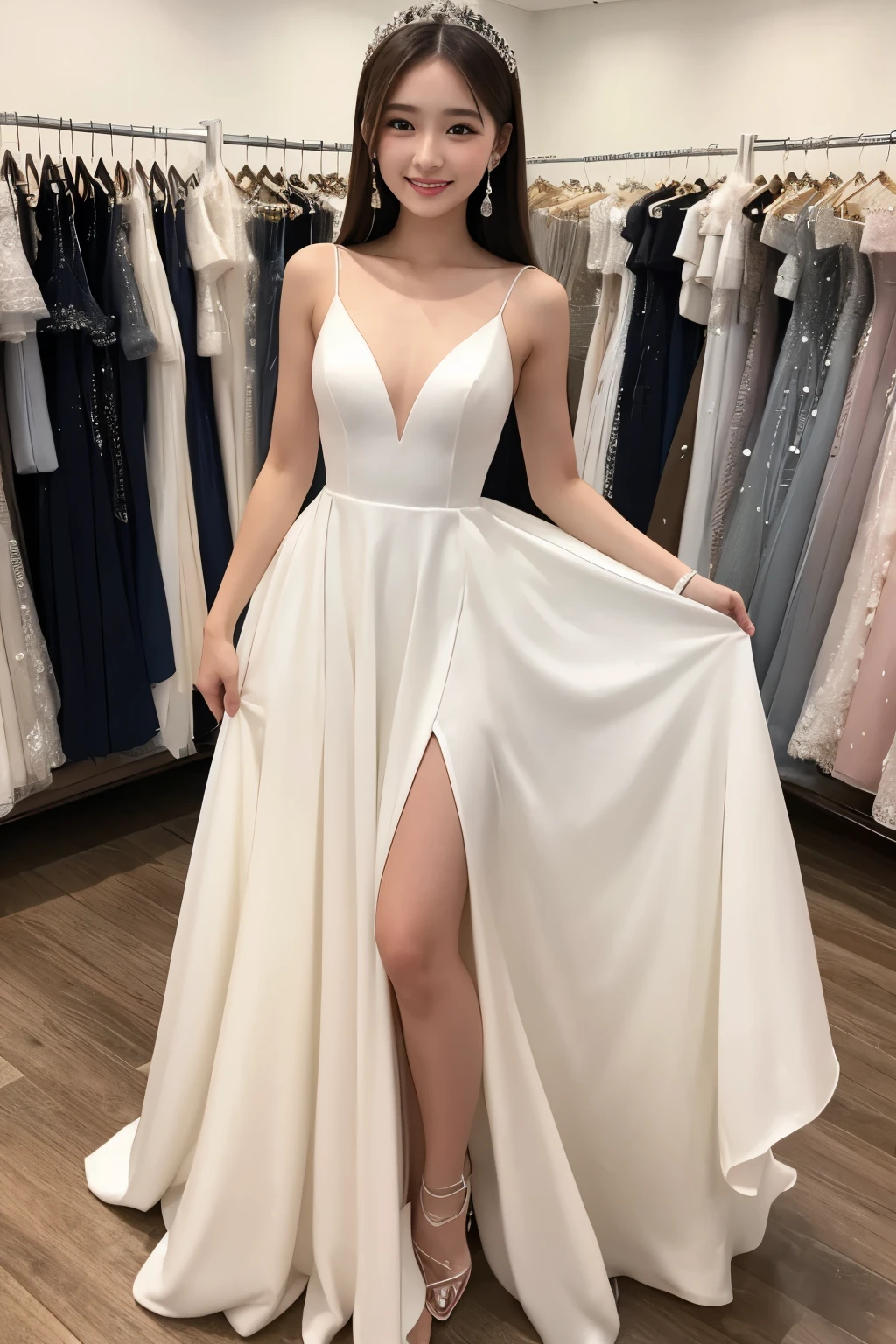 27 years old、smile、Luxury Prom Dresses、white、8 heads、、The hem of the dress flutters、Adeyaka、Like dancing、