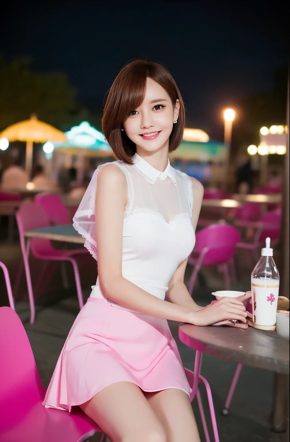 1woman, solo, close up,slender,short hair, white Brause and white see through Cape and pink mini- skirt,soft smiling,8k, high quality:1.3, sitting at table in amusement Park,((night)), cinematic ,