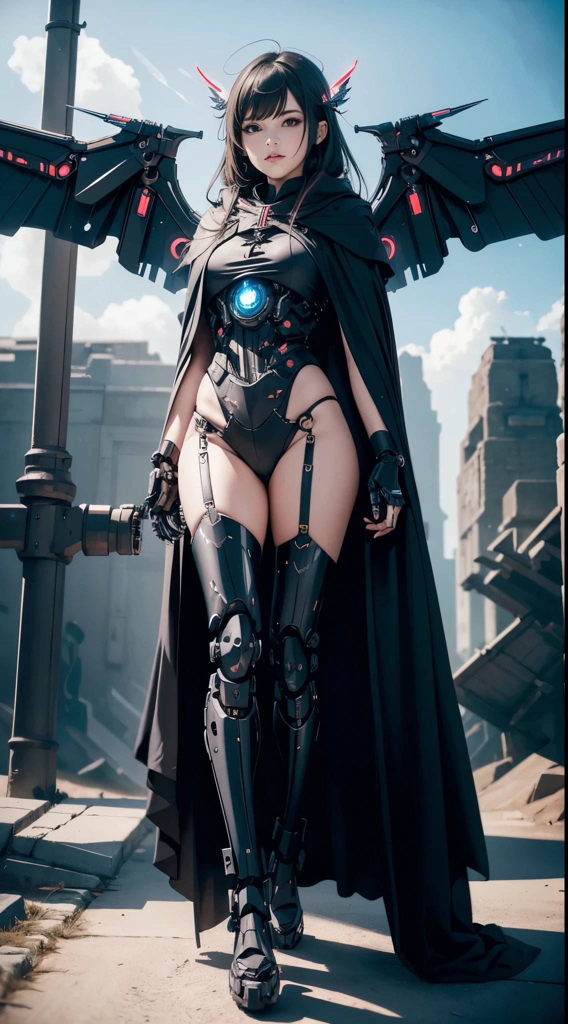 hll,evil female cyborg with (mechanical wings:1.4) wearing (black robes:1.2) (cloak:1.2),mechanical legs,