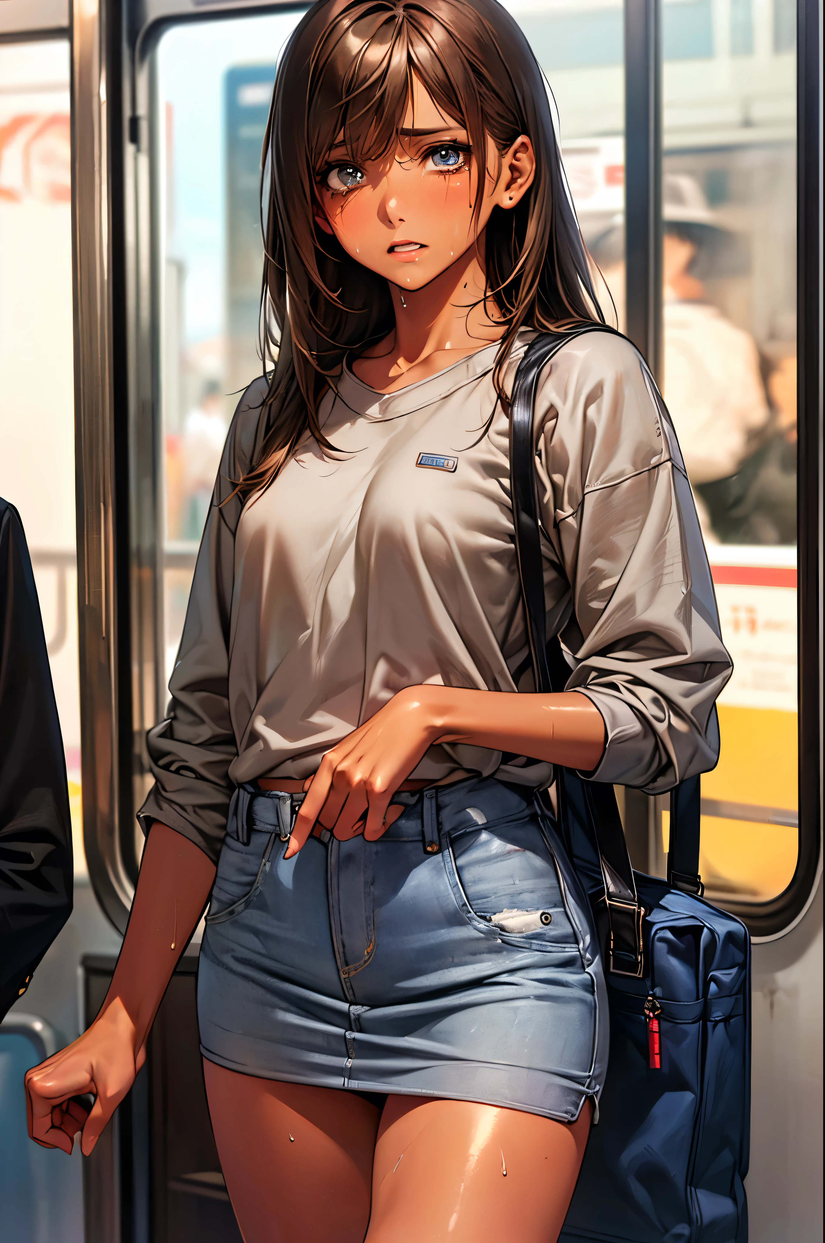 ((perfect anatomy:1.2,realistic:1.3,RAW Photography:1.3,masterpiece、highest quality、Ultra - High resolution、High resolution、Highly detailed CG、8K)),cowboy shot,1 female,solo,18 year old beauty, Japanese、((beautiful detailed face and eyes:1.2,big gorgeous eyes:1.2,crying,)),dark brown  hair,long hair,bangs,medium breasts,slender body,small head:1.5,skinny,(brown skin:1.4),(oily skin,gleaming skin,shiny skin,sweat),(Oversized light_gray sweatshirt,Denim tight mini skirt、white socks、black loafer shoes),on the train,Tokyo、