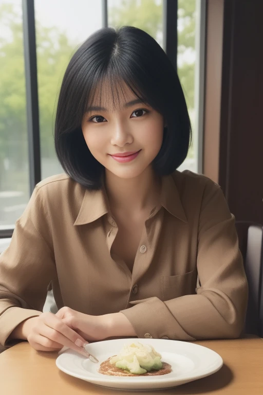 ((8K:1.27、best quality、masterpiece、Ultra-high resolution:1.2))、 beautiful taiwanese woman、1 girl、Brown silk shirt、、Black Hair、Black eyes、short hair、Beautiful woman、study、warm sunshine、Charming smile、((Perfect anatomical structure、sit at table、Beautiful skin))、Natural body、Professional lighting、Professional photography、Gravure printing