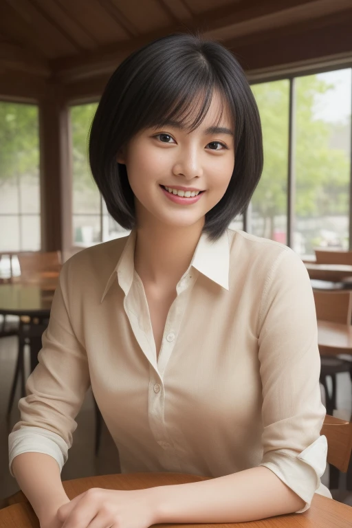 ((8K:1.27、best quality、masterpiece、Ultra-high resolution:1.2))、 beautiful taiwanese woman、1 girl、Brown silk shirt、、Black Hair、Black eyes、short hair、Beautiful woman、study、warm sunshine、Charming smile、((Perfect anatomical structure、sit at table、Beautiful skin))、Natural body、Professional lighting、Professional photography、Gravure printing