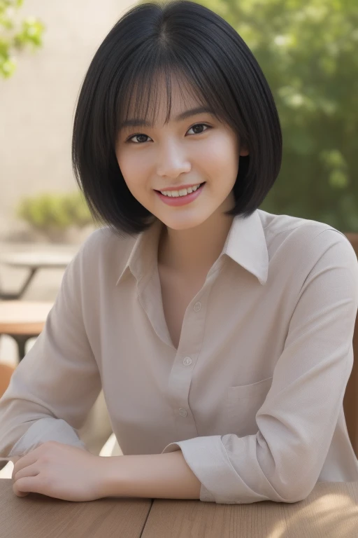 ((8K:1.27、best quality、masterpiece、Ultra-high resolution:1.2))、 beautiful taiwanese woman、1 girl、Brown silk shirt、、Black Hair、Black eyes、short hair、Beautiful woman、study、warm sunshine、Charming smile、((Perfect anatomical structure、sit at table、Beautiful skin))、Natural body、Professional lighting、Professional photography、Gravure printing