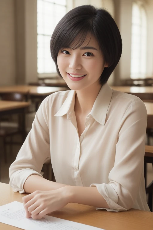 ((8K:1.27、best quality、masterpiece、Ultra-high resolution:1.2))、 beautiful taiwanese woman、1 girl、Brown silk shirt、、Black Hair、Black eyes、short hair、Beautiful woman、study、warm sunshine、Charming smile、((Perfect anatomical structure、sit at table、Beautiful skin))、Natural body、Professional lighting、Professional photography、Gravure printing