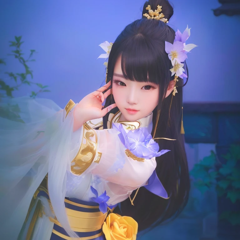 there is a realistic beautiful girl in a costume holding a flower in her hand, inspired by Sim Sa-jeong, inspired by Pu Hua, yun ling, inspired by Song Maojin, inspired by Ju Lian, inspired by Li Mei-shu, inspired by Qiu Ying, onmyoji portrait