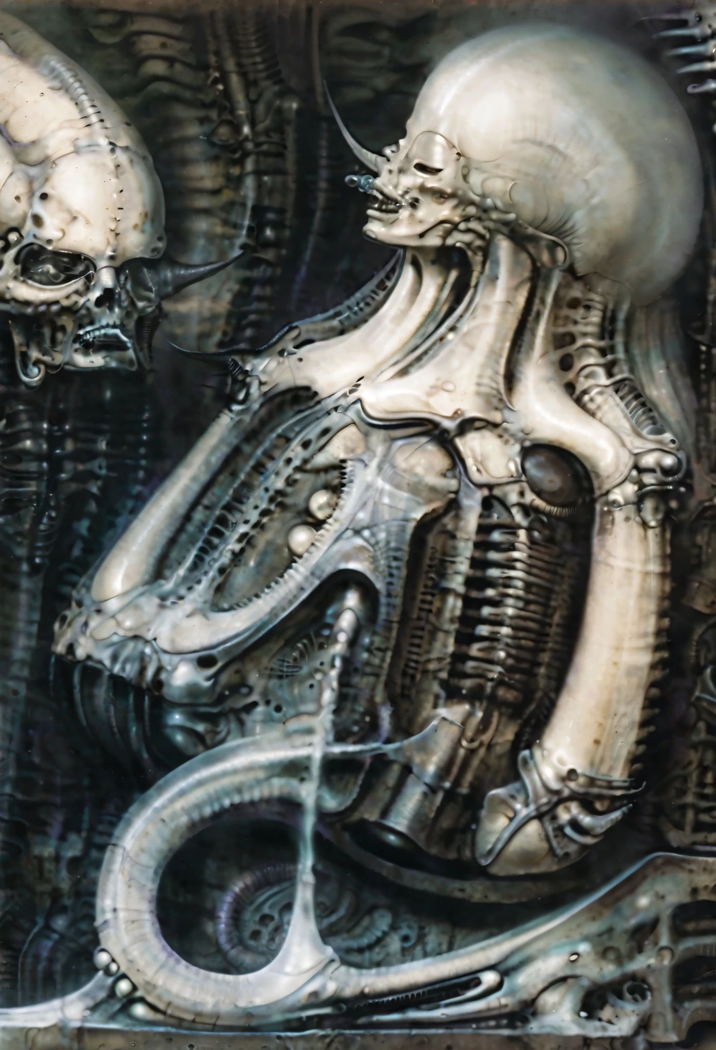 g1g3r dead princess and ermine-helminth .The image is a detailed view of H.R. Giger's \" Biomechanical Landscape No 312 \" plate, featuring a complex network of bones and organs in a purple-brown hue ,swirling gray and brown colors. The artwork is silver and purplish brown, with an ivory bones prominently displayed. The image is highly detailed and intricate, almost like a 3d version of a medical diagram (detailed view of an anatomy model, possibly of a human body, with transparent organs and bones exposed). The piece has a thick mechano-organic texture and is covered in fine details. The image has a swirling, organic quality to it. The artistic manner would be unmistakably Gigeresque. A dark and unsettling beauty would permeate the piece, blurring the lines between fascination and repulsion , forever haunted by the grotesque allure. Giger's signature artistic manner would be evident in every stroke. The airbrush would be wielded with masterful precision to create a hyperrealistic yet nightmarish aesthetic.
 The texture of ivory with signs of burning and fossilization can be seen in the mix of smooth and rough brushstrokes. By Peter mohrbacher,HRGigerArhP style,H.G. Giger Style, Biomechanics ooze soaked pajama top
